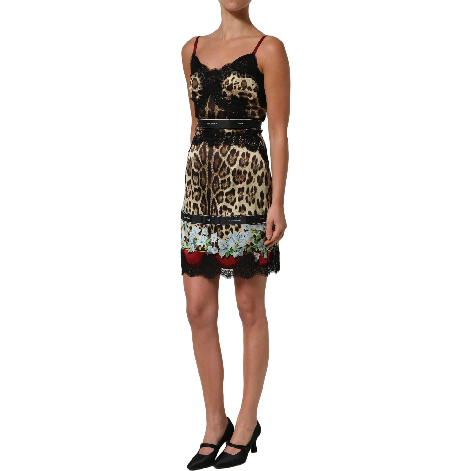 Multicolor Floral Leopard Silk Lace Trim Mini Dress