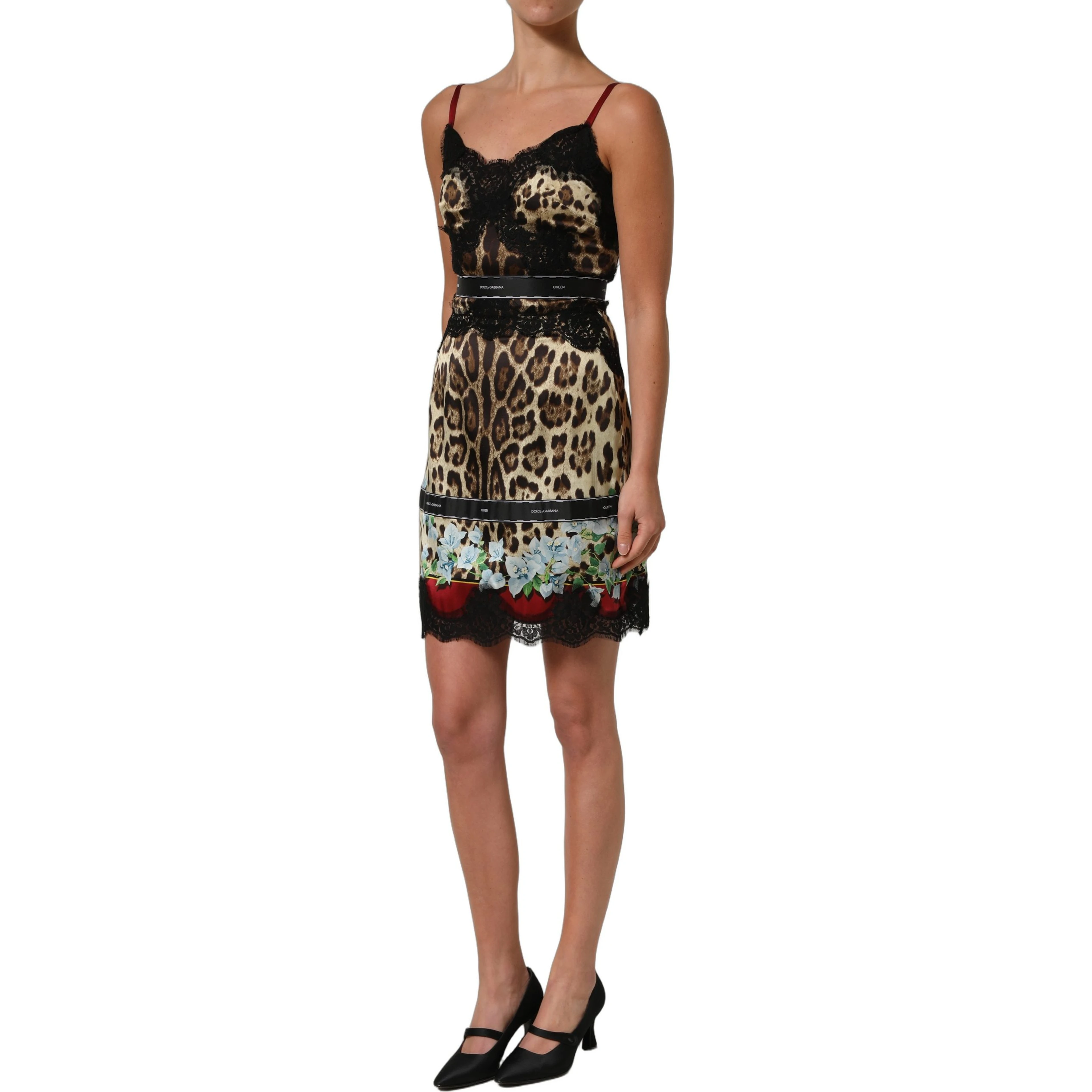 Multicolor Floral Leopard Silk Lace Trim Mini Dress