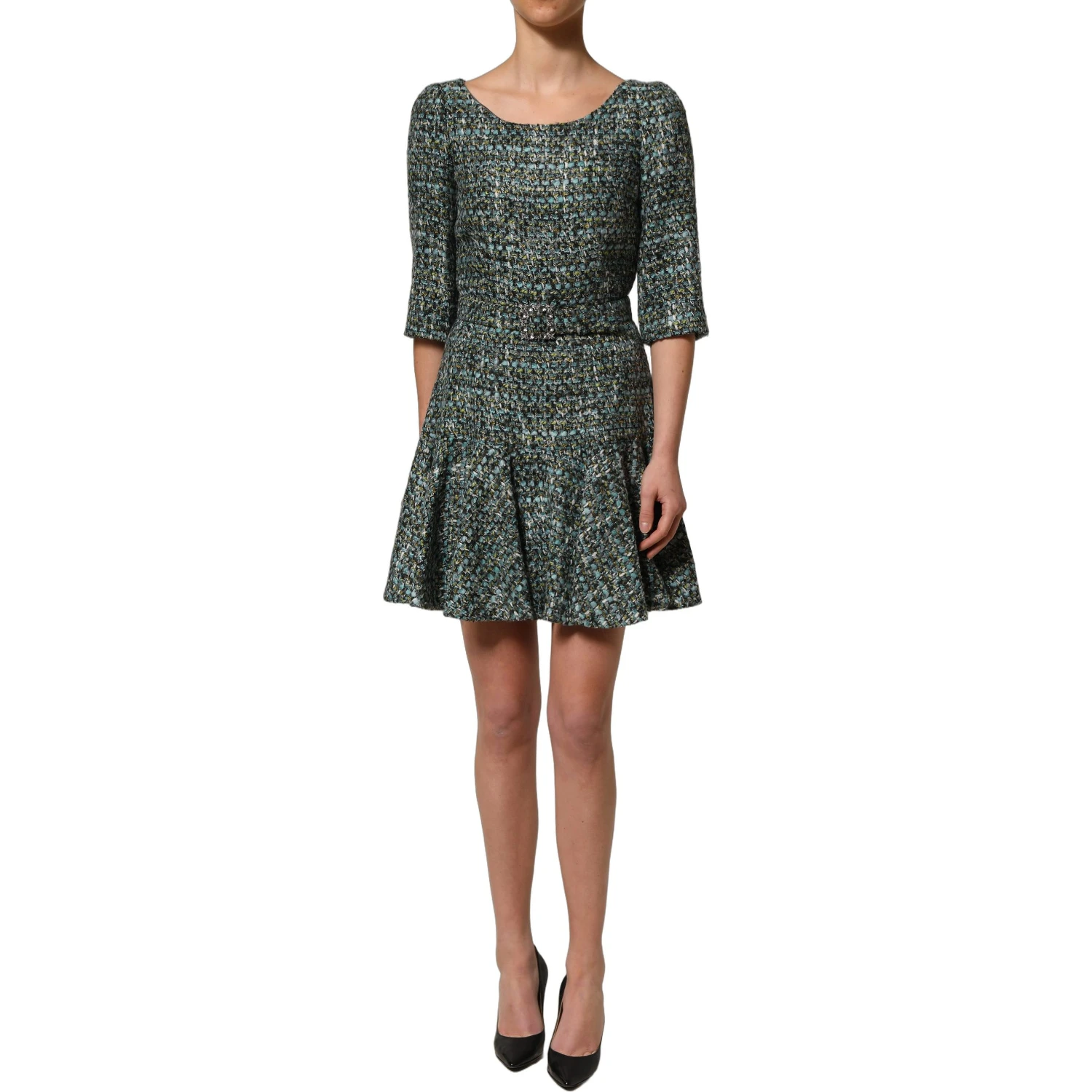 Multicolor Tweed Belted Babydoll Mini Dress