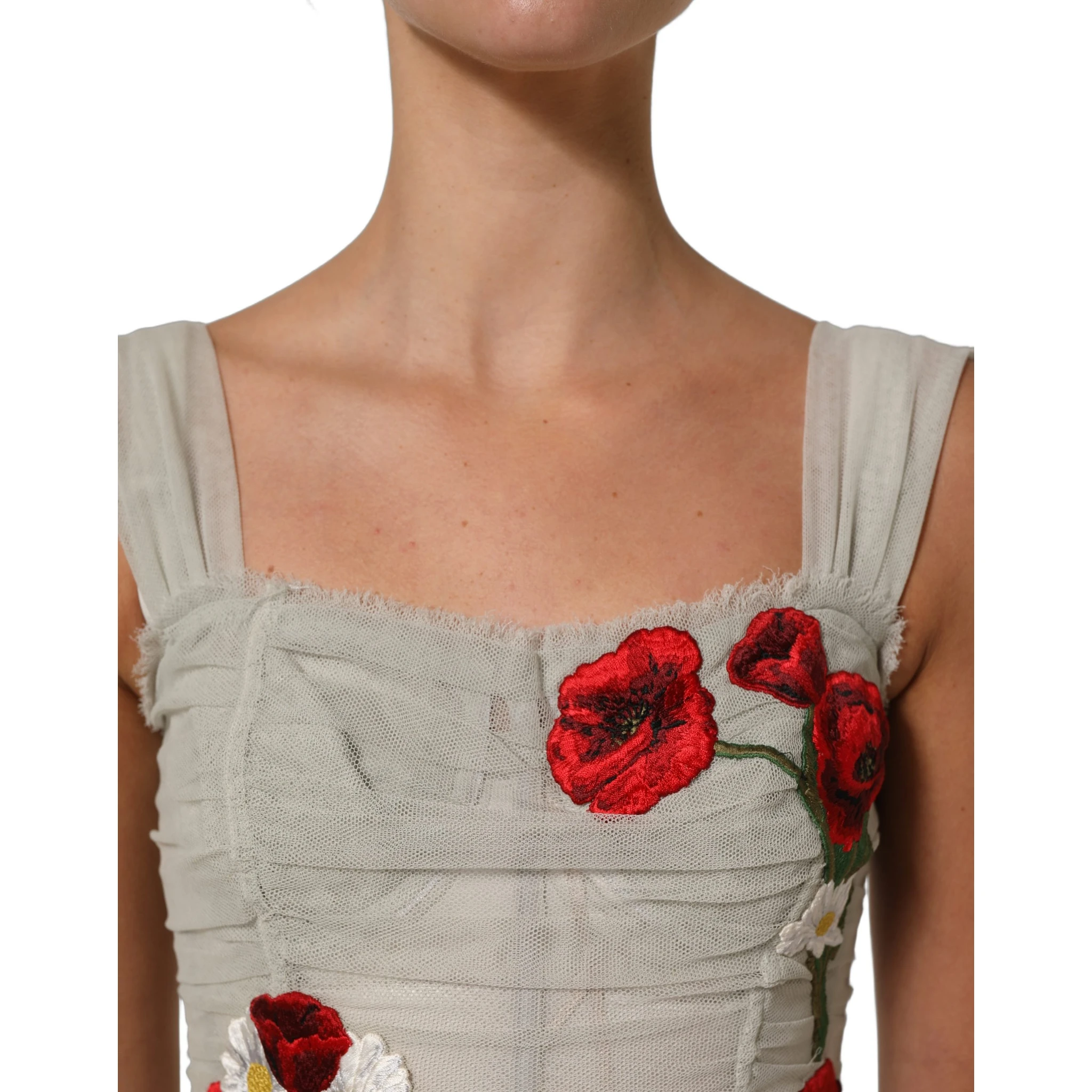 Light Gray Rose Embroidery Sheath Midi Dress