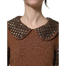 Brown Wool Rhinestone Embellished Midi Dress