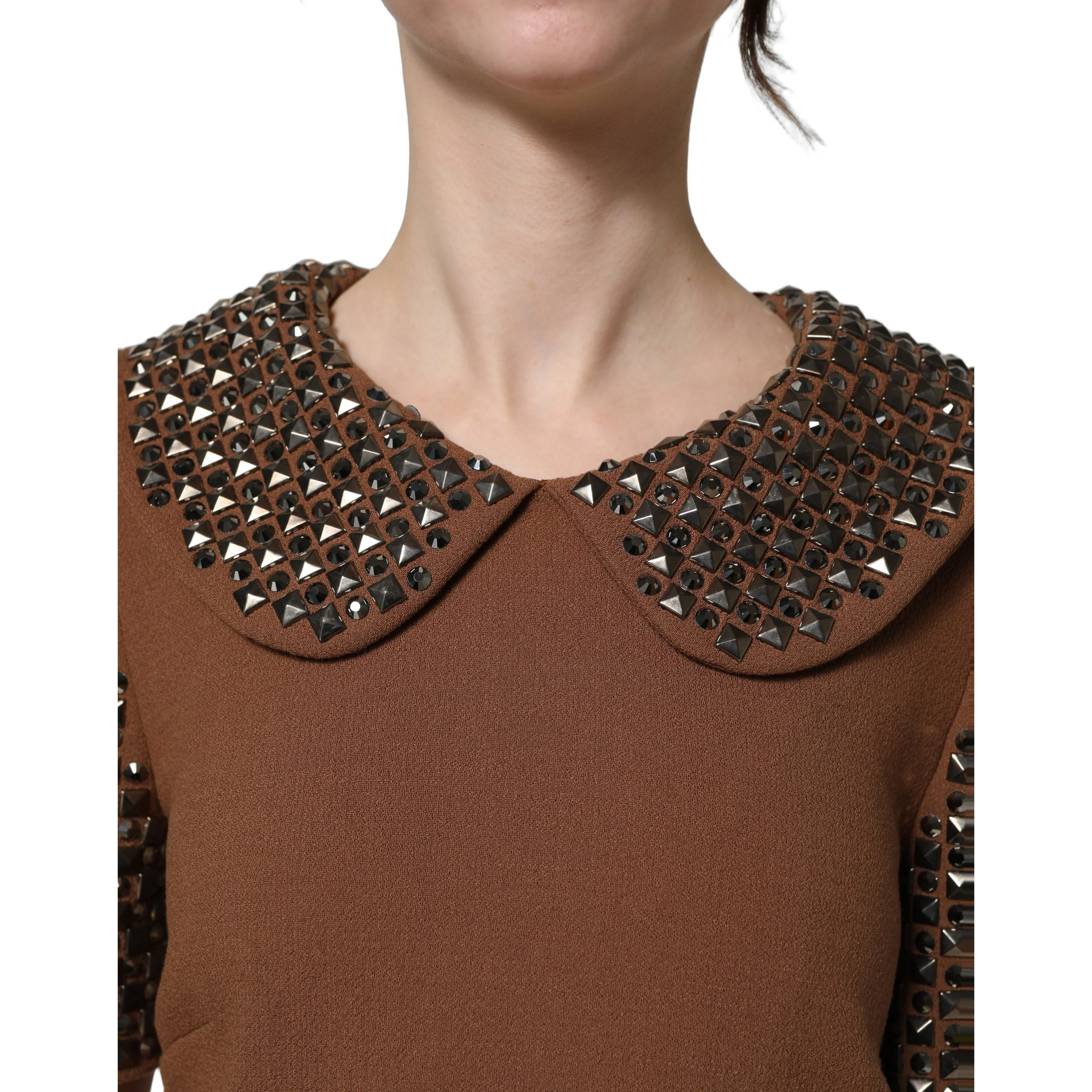 Brown Wool Rhinestone Embellished Midi Dress