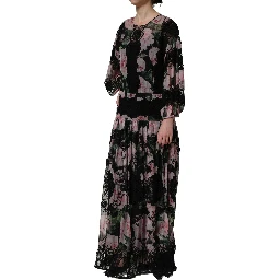 Black Floral Print Cotton Lace Maxi Dress