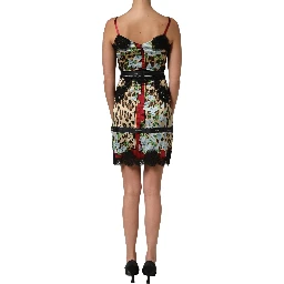 Multicolor Floral Leopard Silk Lace Trim Mini Dress