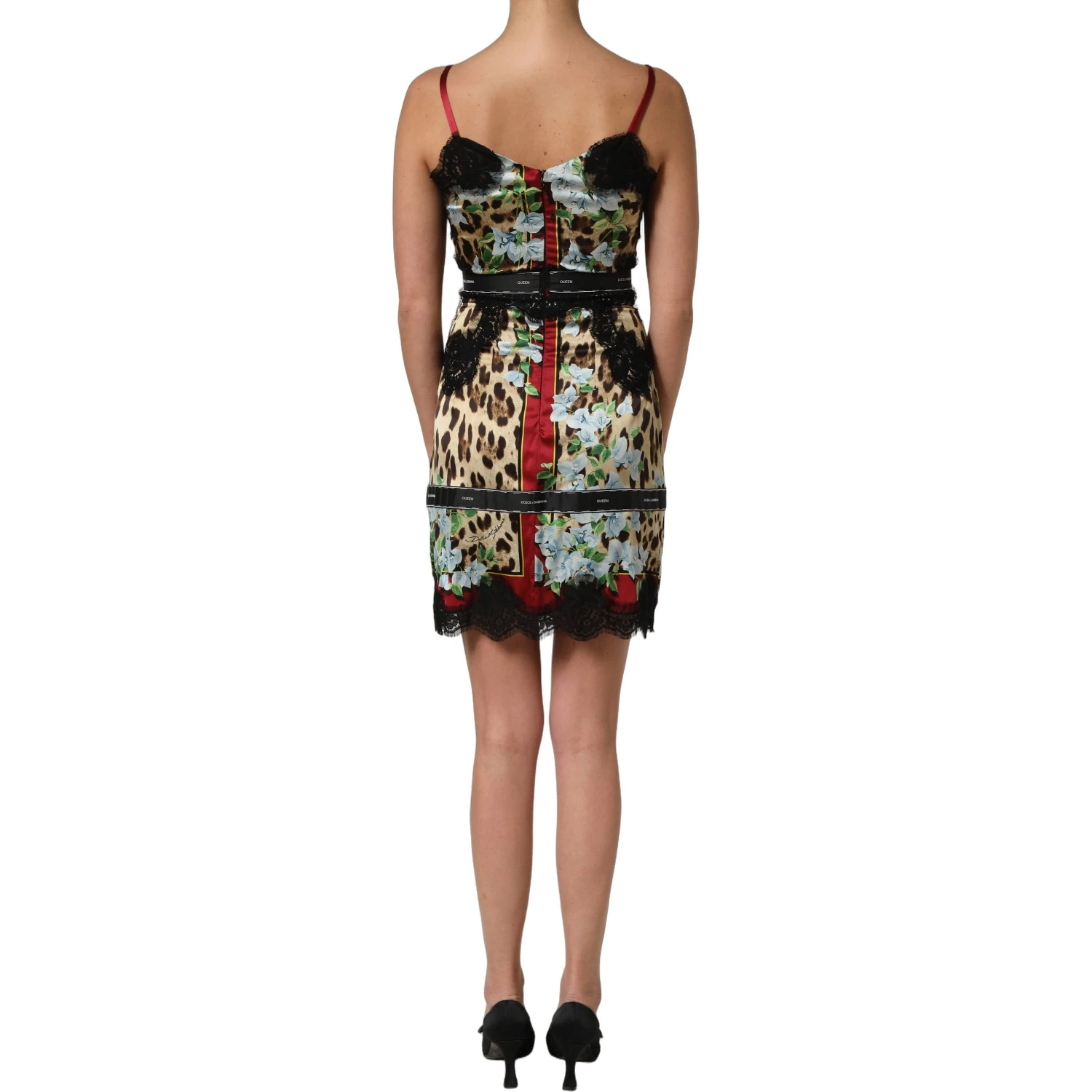 Multicolor Floral Leopard Silk Lace Trim Mini Dress