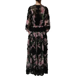 Black Floral Print Cotton Lace Maxi Dress