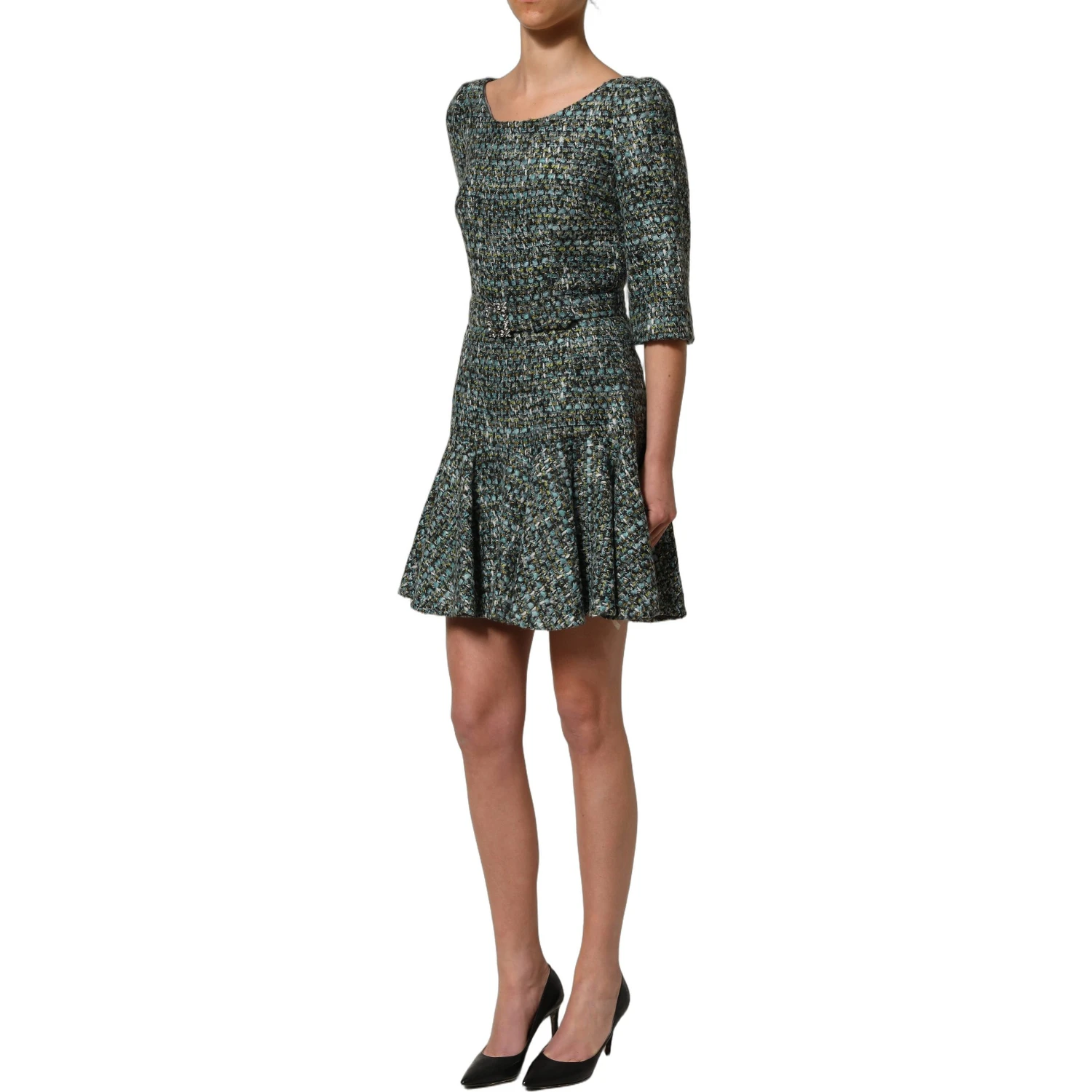 Multicolor Tweed Belted Babydoll Mini Dress