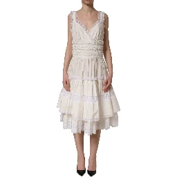 White Cotton Poplin Ruffled Midi Dress