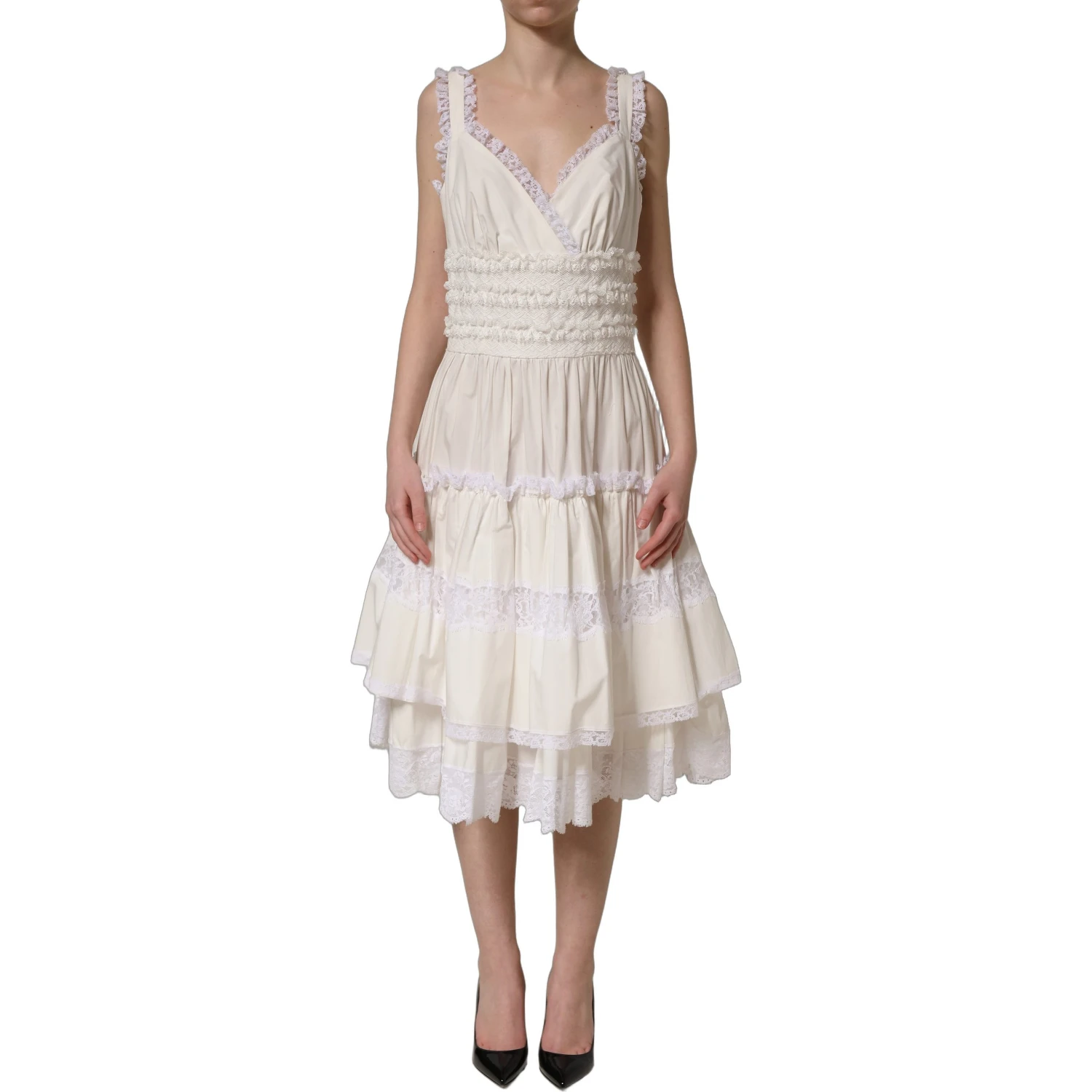 White Cotton Poplin Ruffled Midi Dress