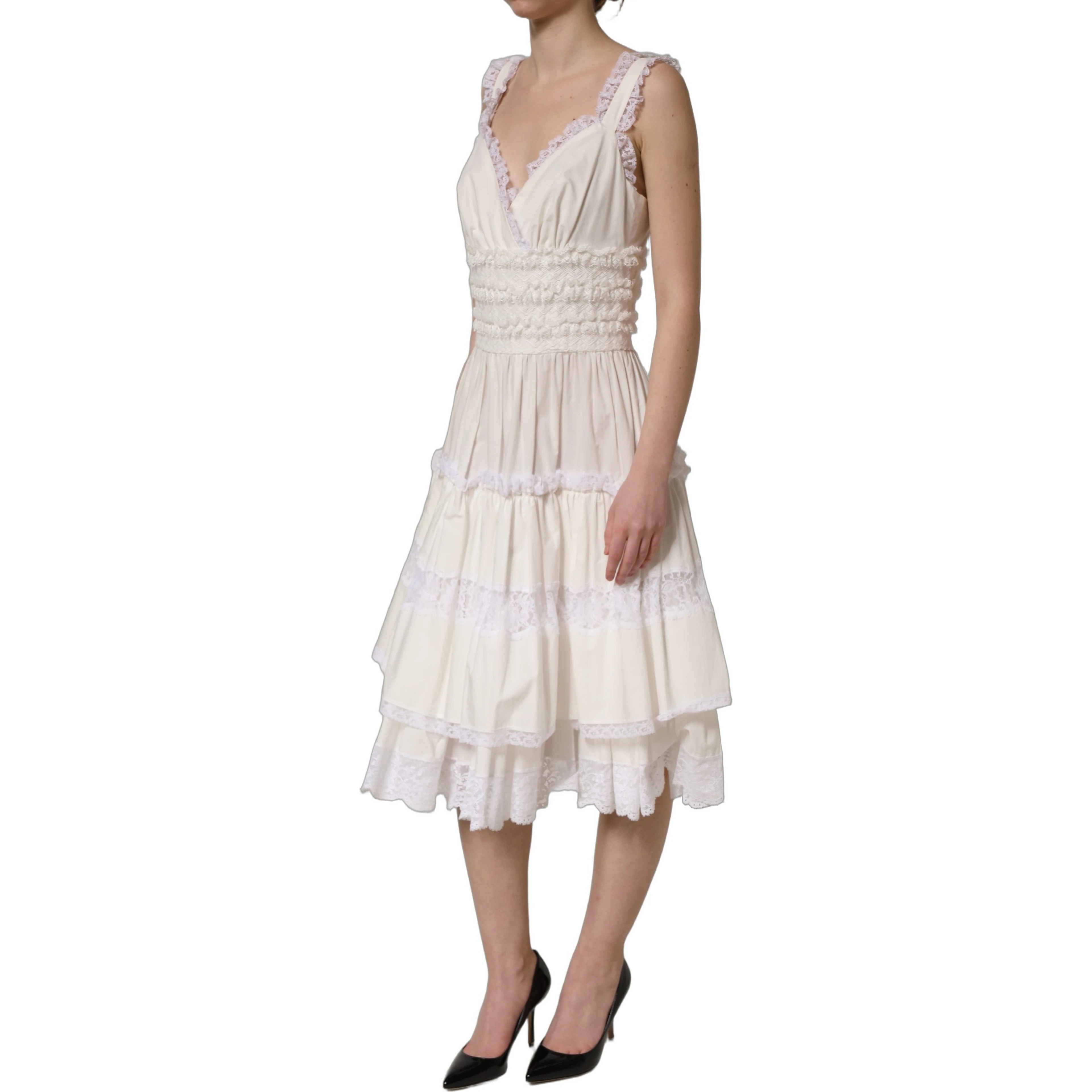 White Cotton Poplin Ruffled Midi Dress