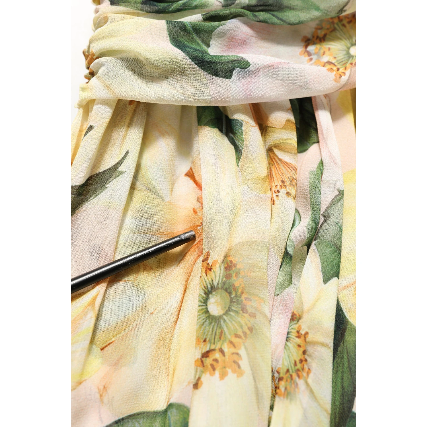 Yellow Floral Print Silk Pleated Maxi Dress