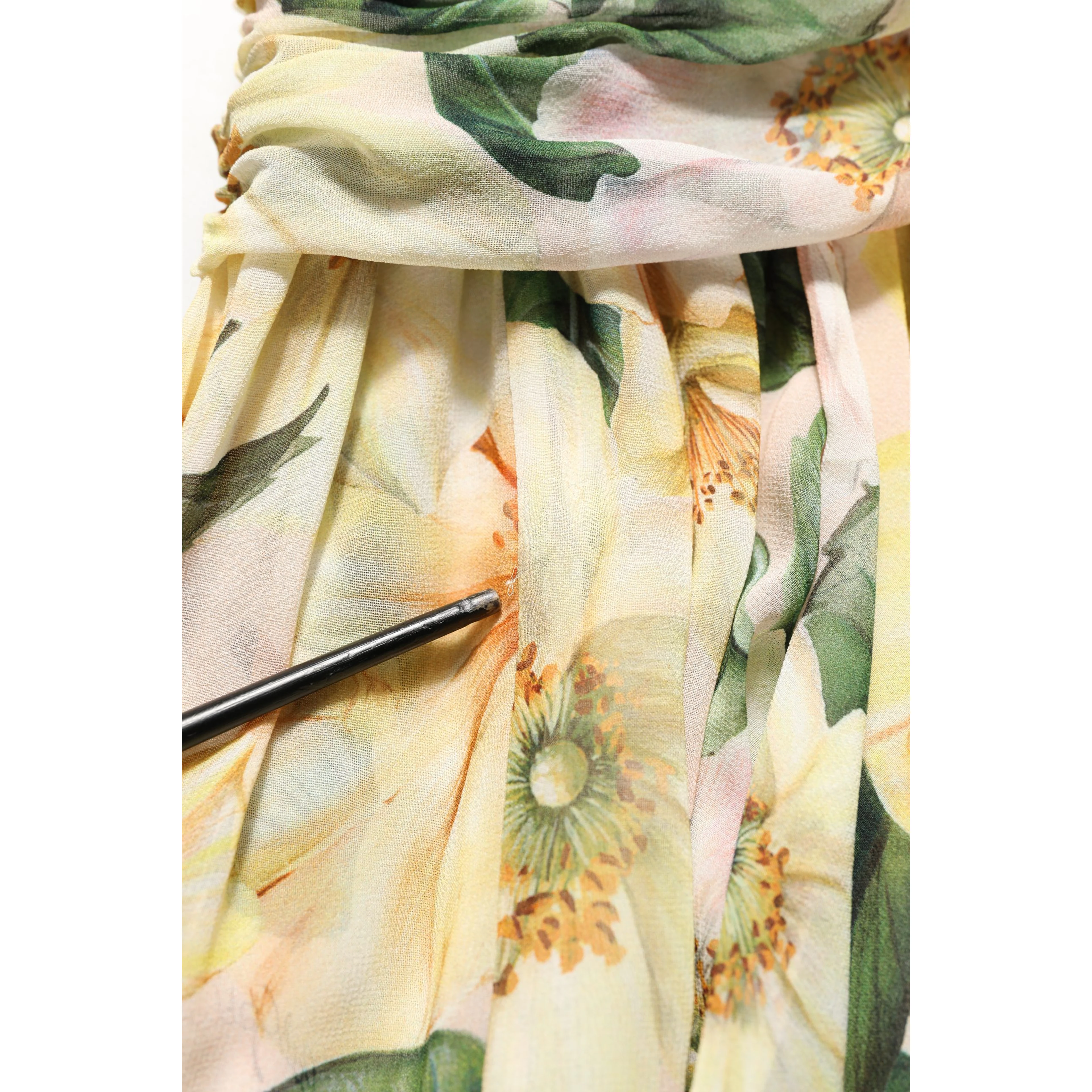 Yellow Floral Print Silk Pleated Maxi Dress