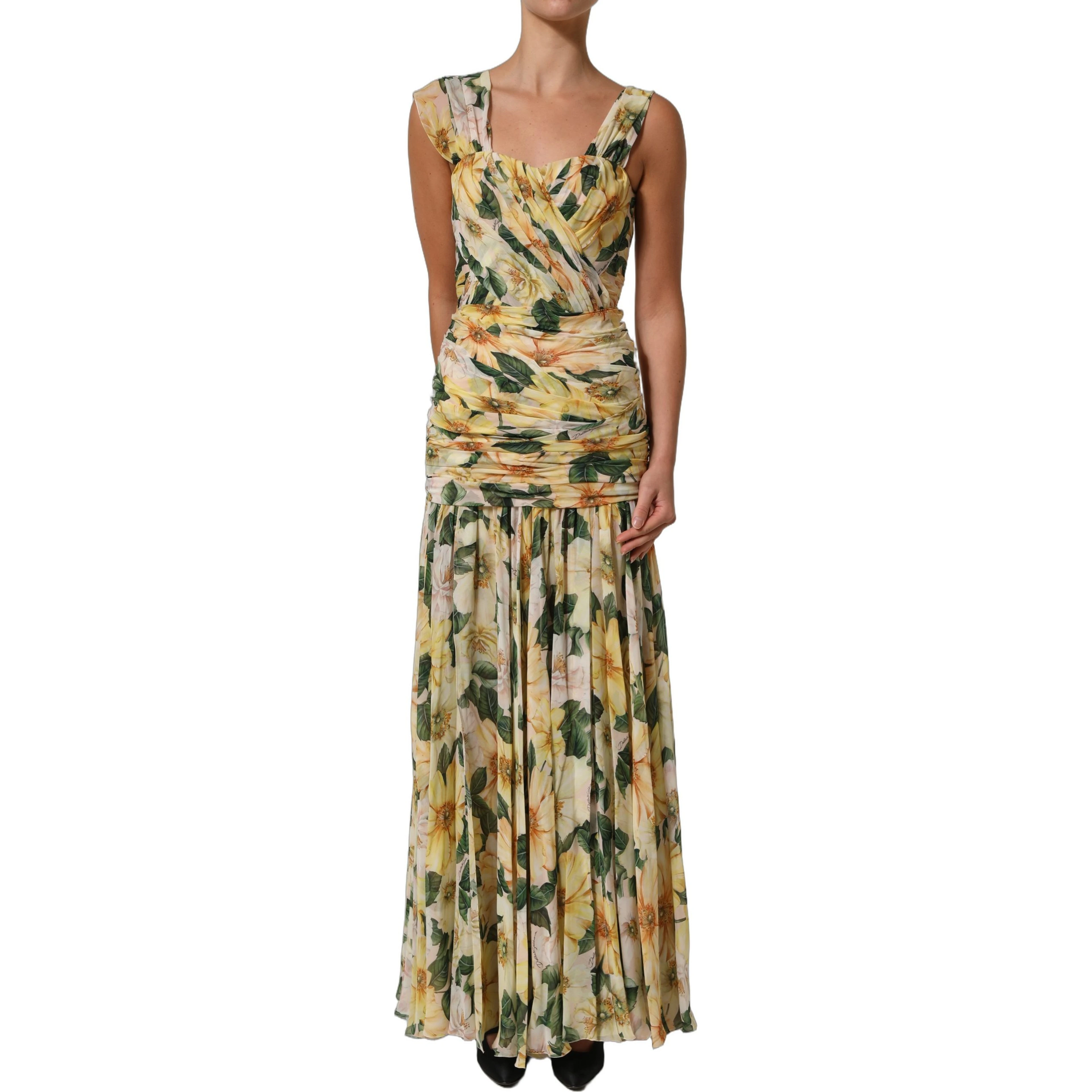Yellow Floral Print Silk Pleated Maxi Dress