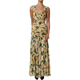 Yellow Floral Print Silk Pleated Maxi Dress