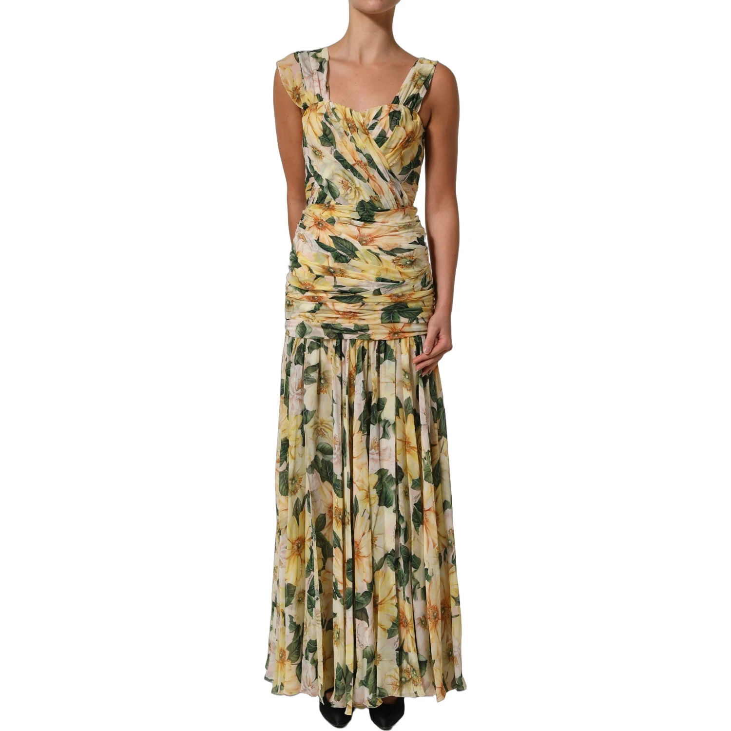 Yellow Floral Print Silk Pleated Maxi Dress