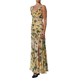 Yellow Floral Print Silk Pleated Maxi Dress