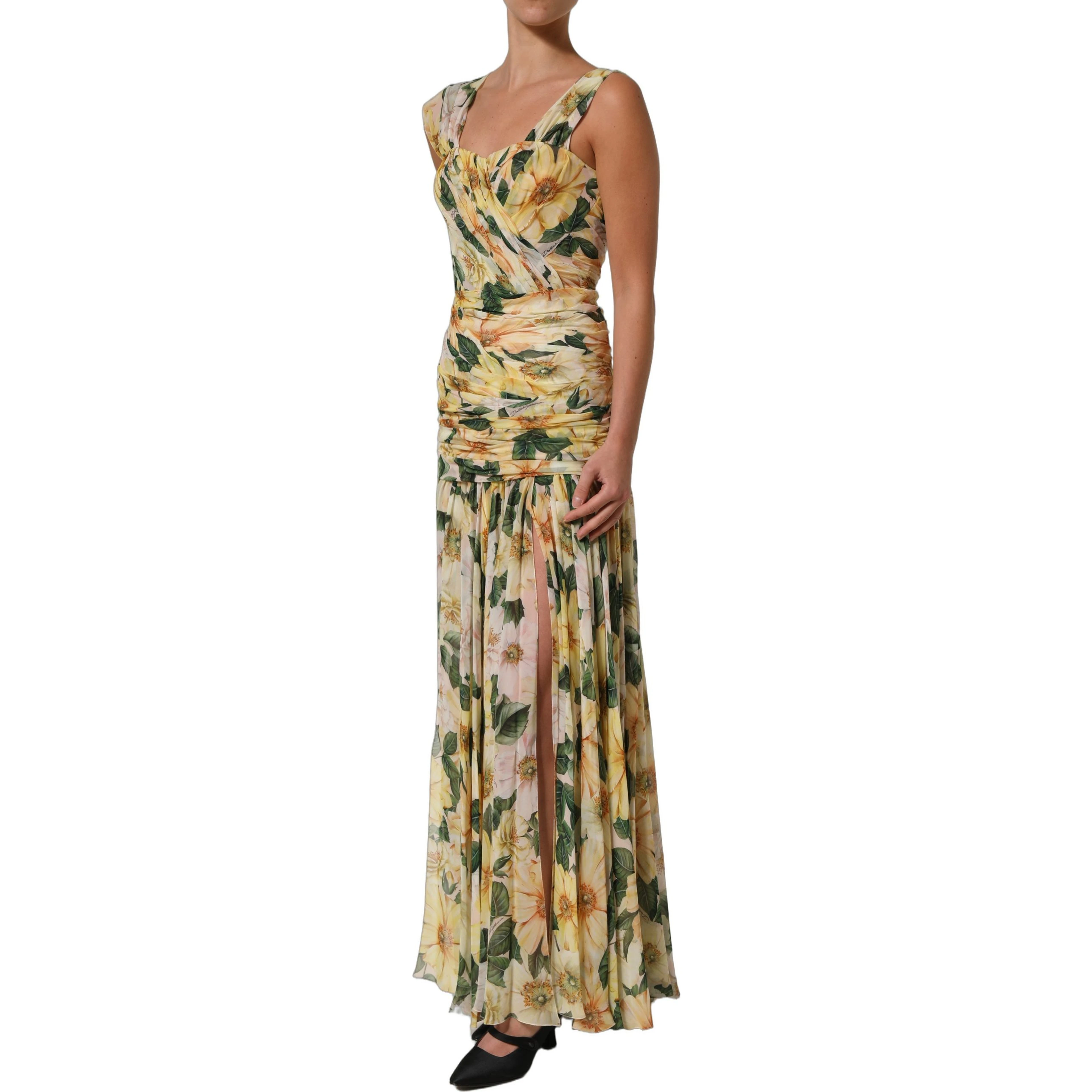 Yellow Floral Print Silk Pleated Maxi Dress