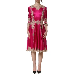 Fuchsia Pink Lace Detail A-line Midi Dress
