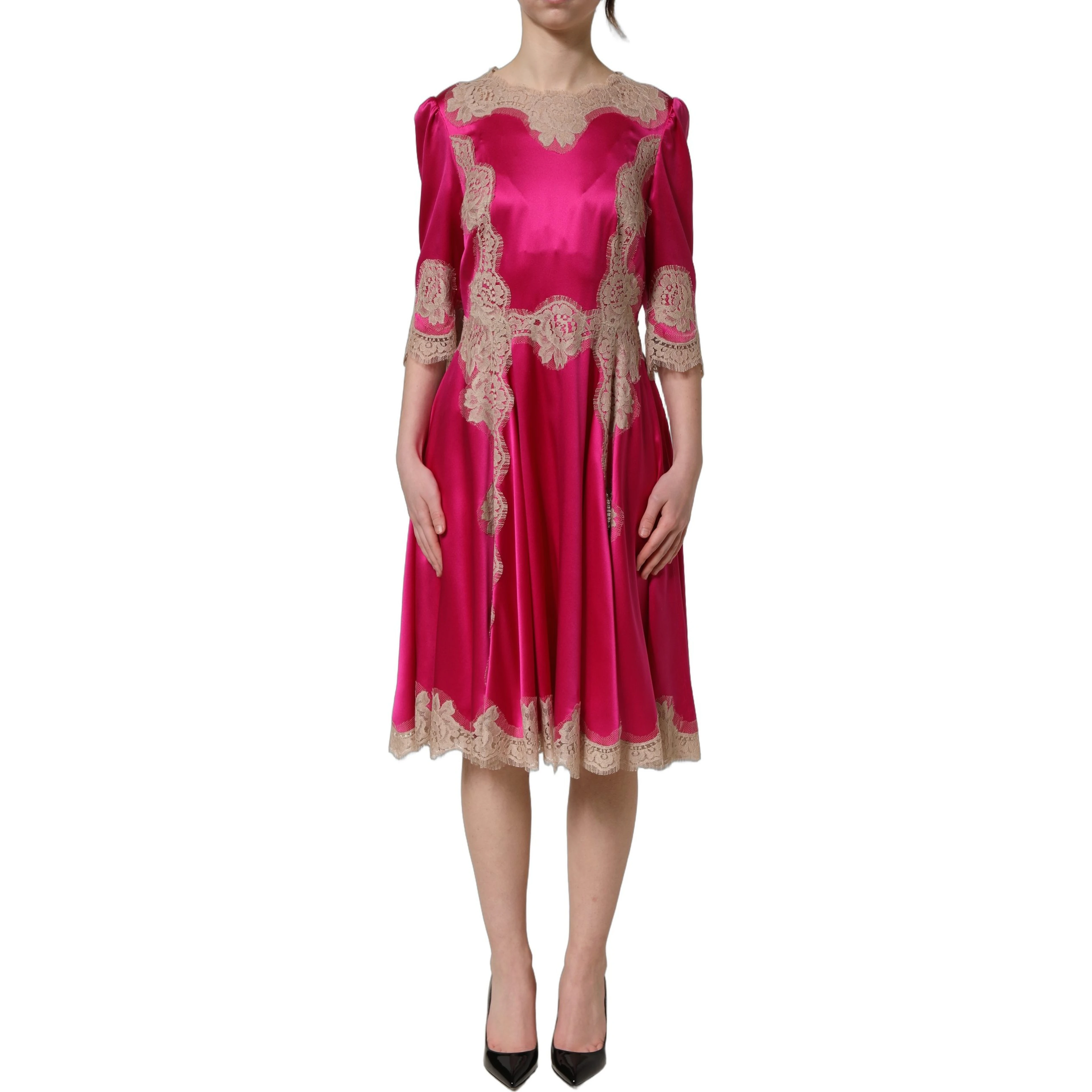 Fuchsia Pink Lace Detail A-line Midi Dress