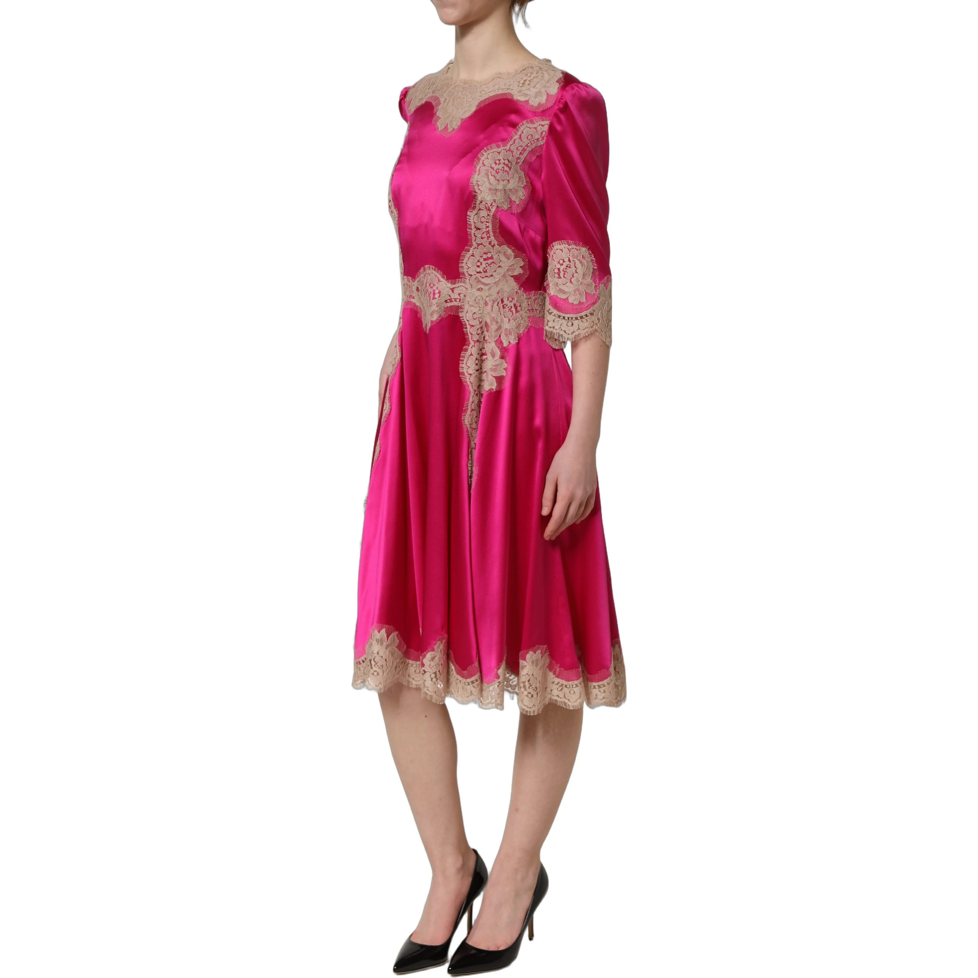 Fuchsia Pink Lace Detail A-line Midi Dress