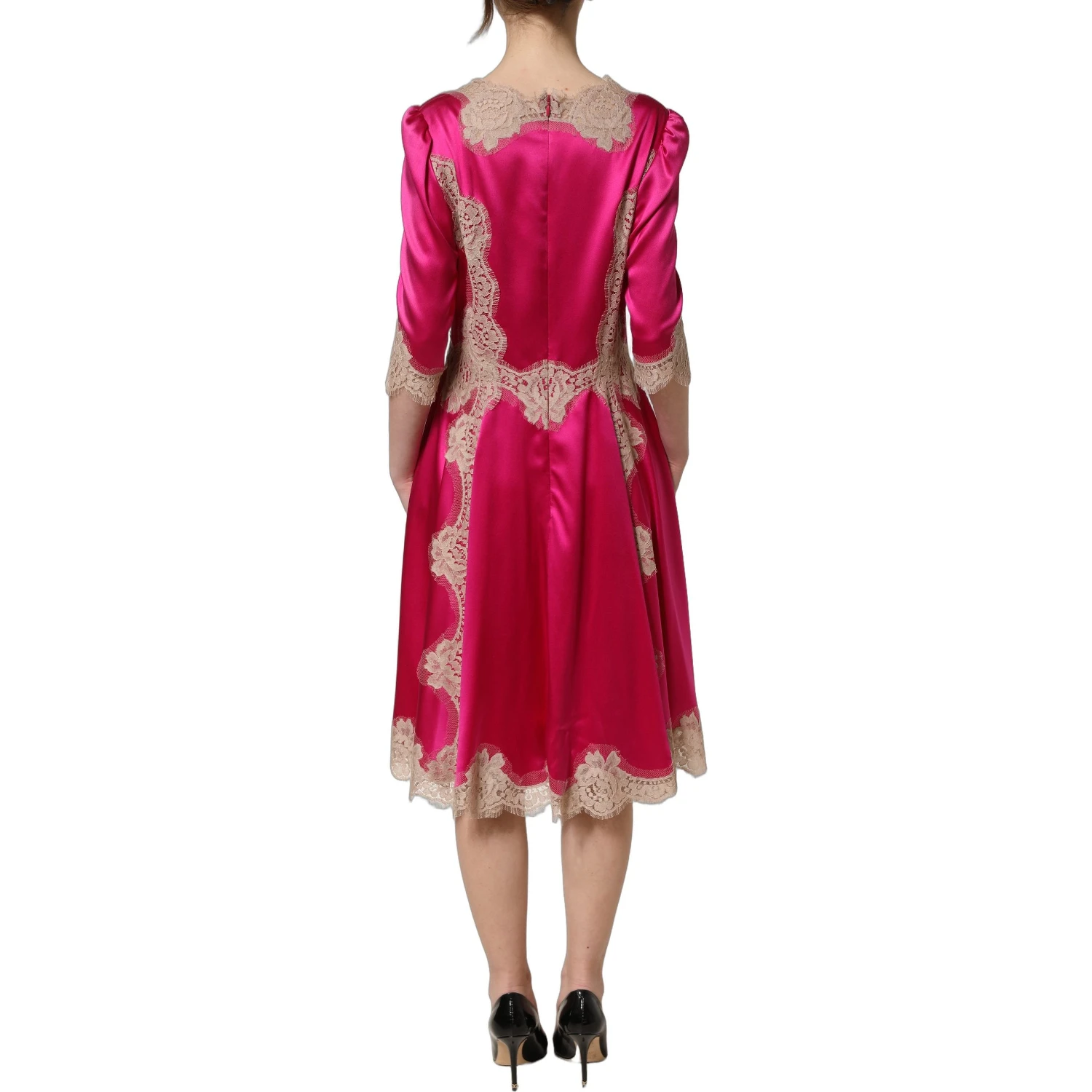 Fuchsia Pink Lace Detail A-line Midi Dress
