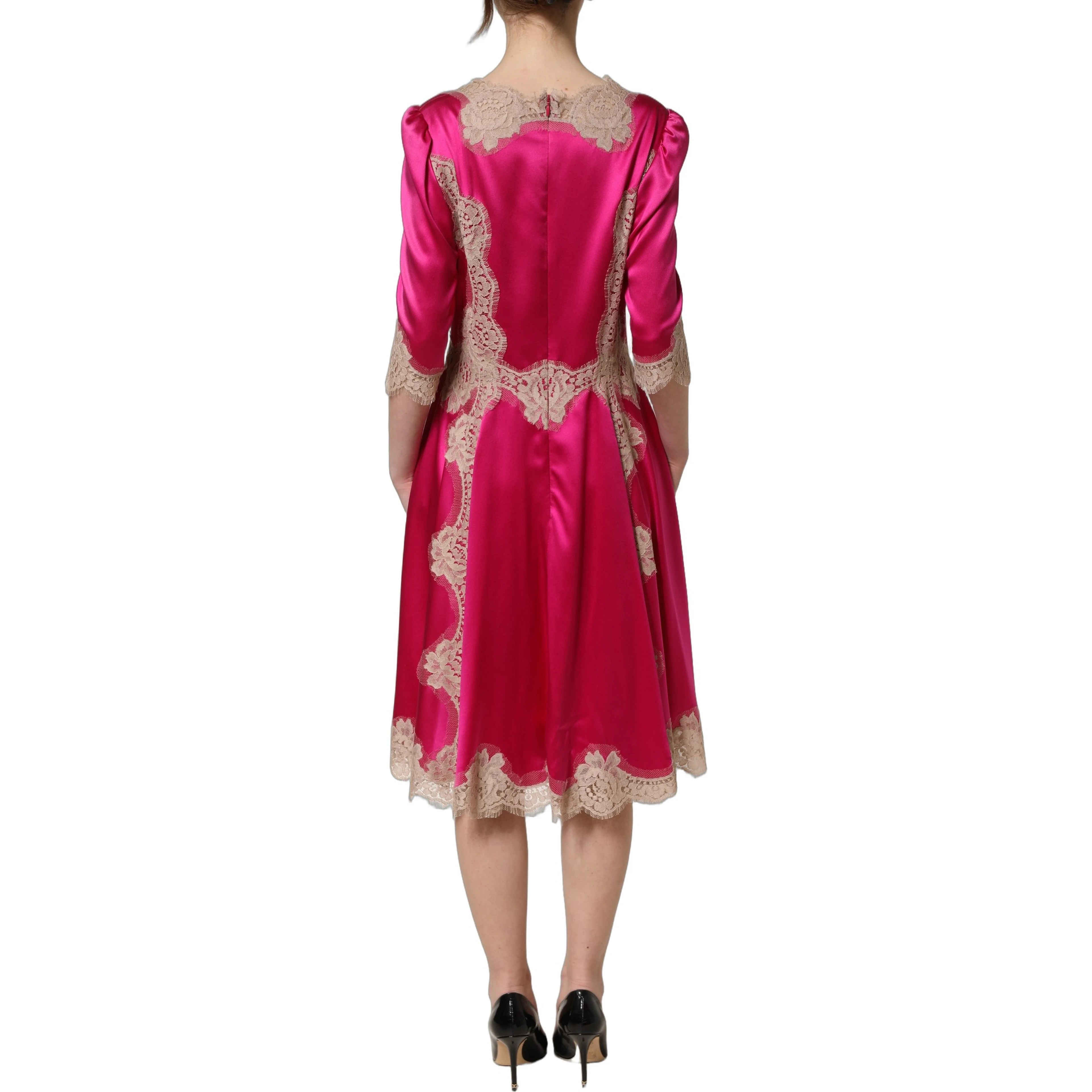 Fuchsia Pink Lace Detail A-line Midi Dress