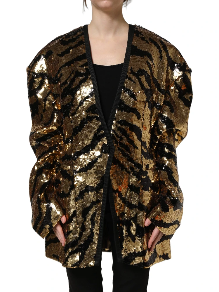 Black Gold Sequin Tiger Stripe Blazer Jacket