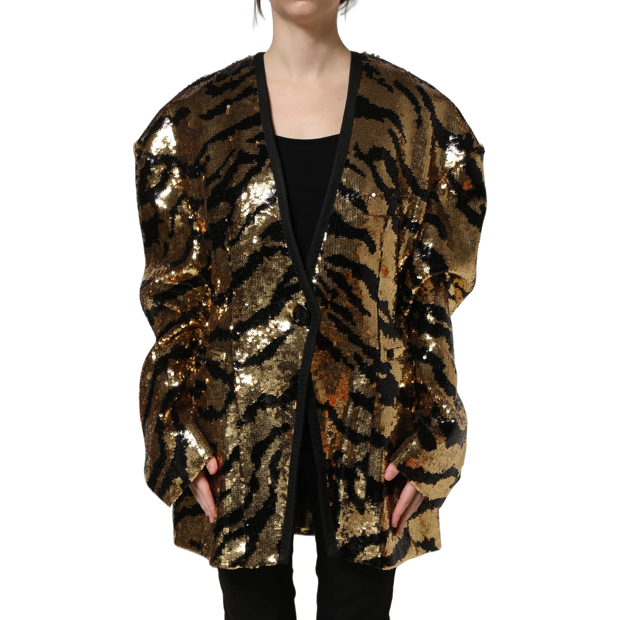 Black Gold Sequin Tiger Stripe Blazer Jacket