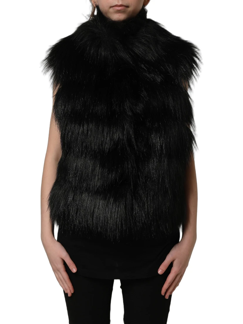 Black Acrylic Faux Fur Sleeveless Vest Jacket