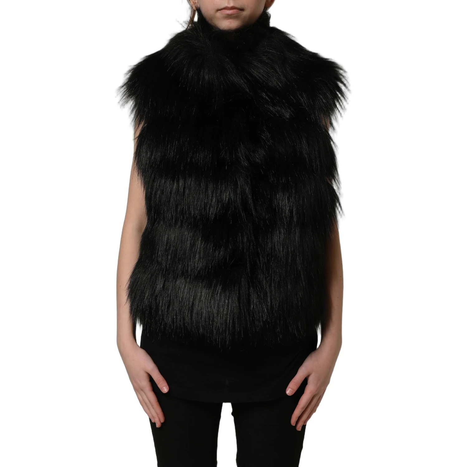 Black Acrylic Faux Fur Sleeveless Vest Jacket