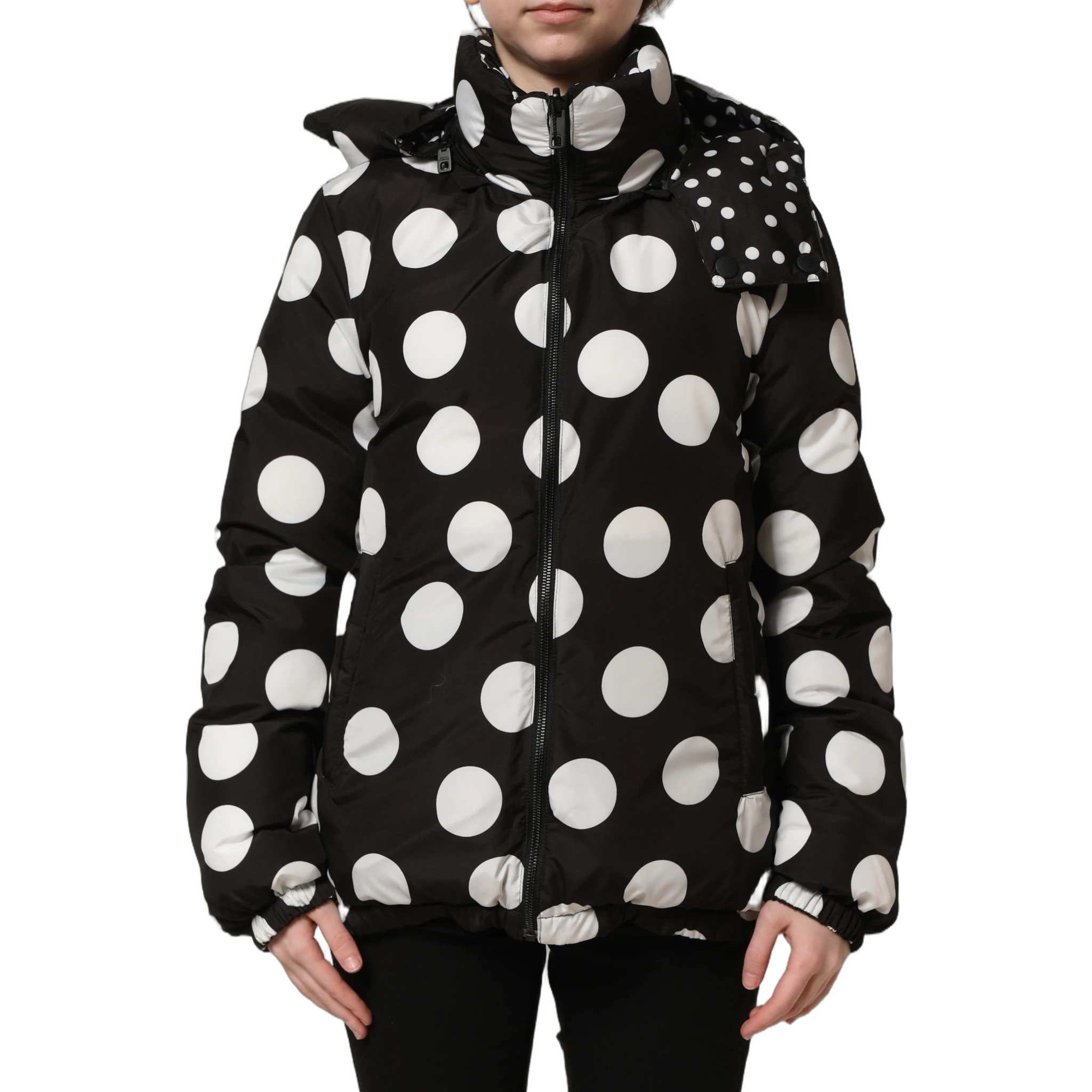 Black White Polka Dot Hooded Blouson Jacket