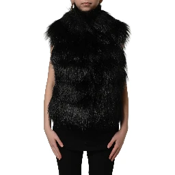Black Acrylic Faux Fur Sleeveless Vest Jacket