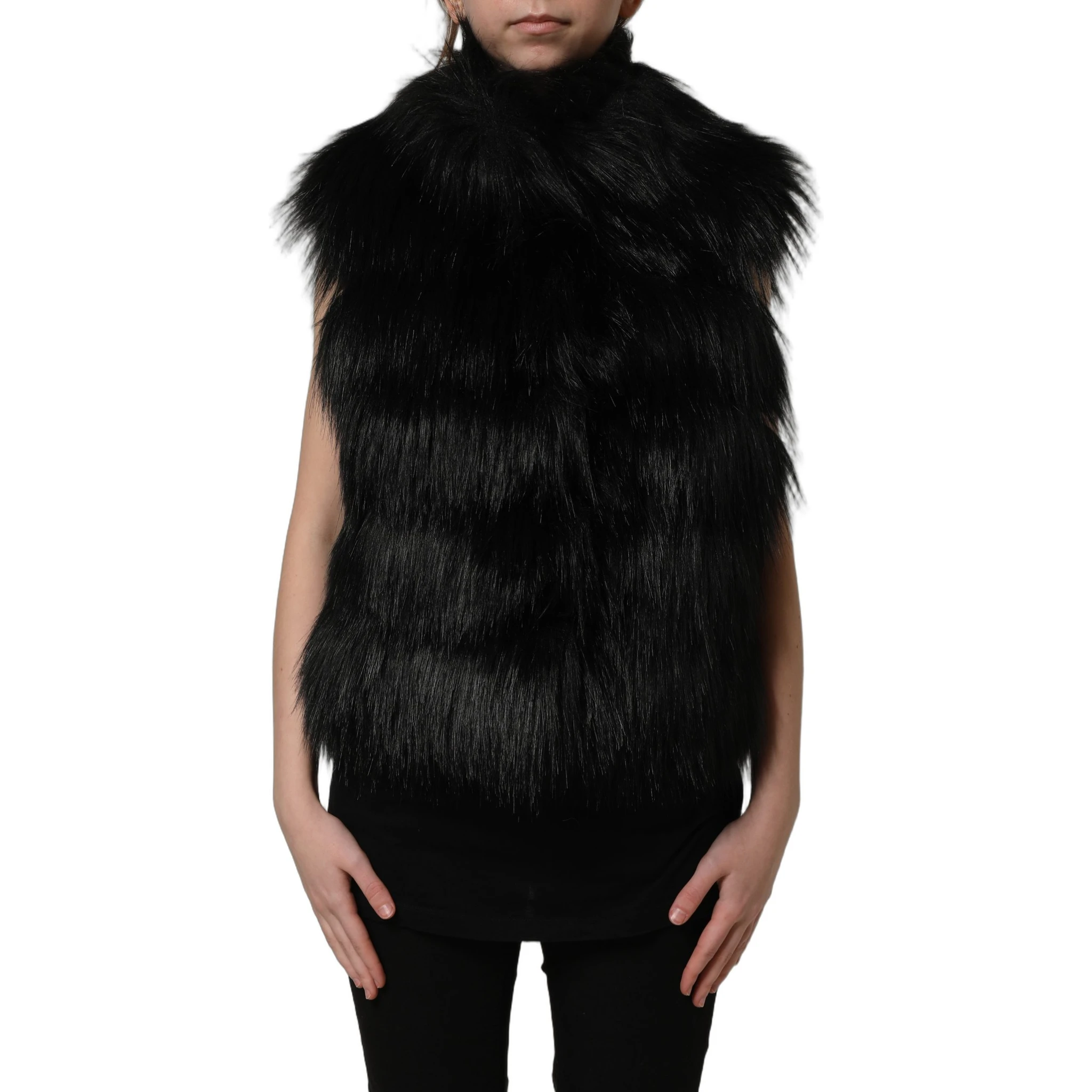 Black Acrylic Faux Fur Sleeveless Vest Jacket