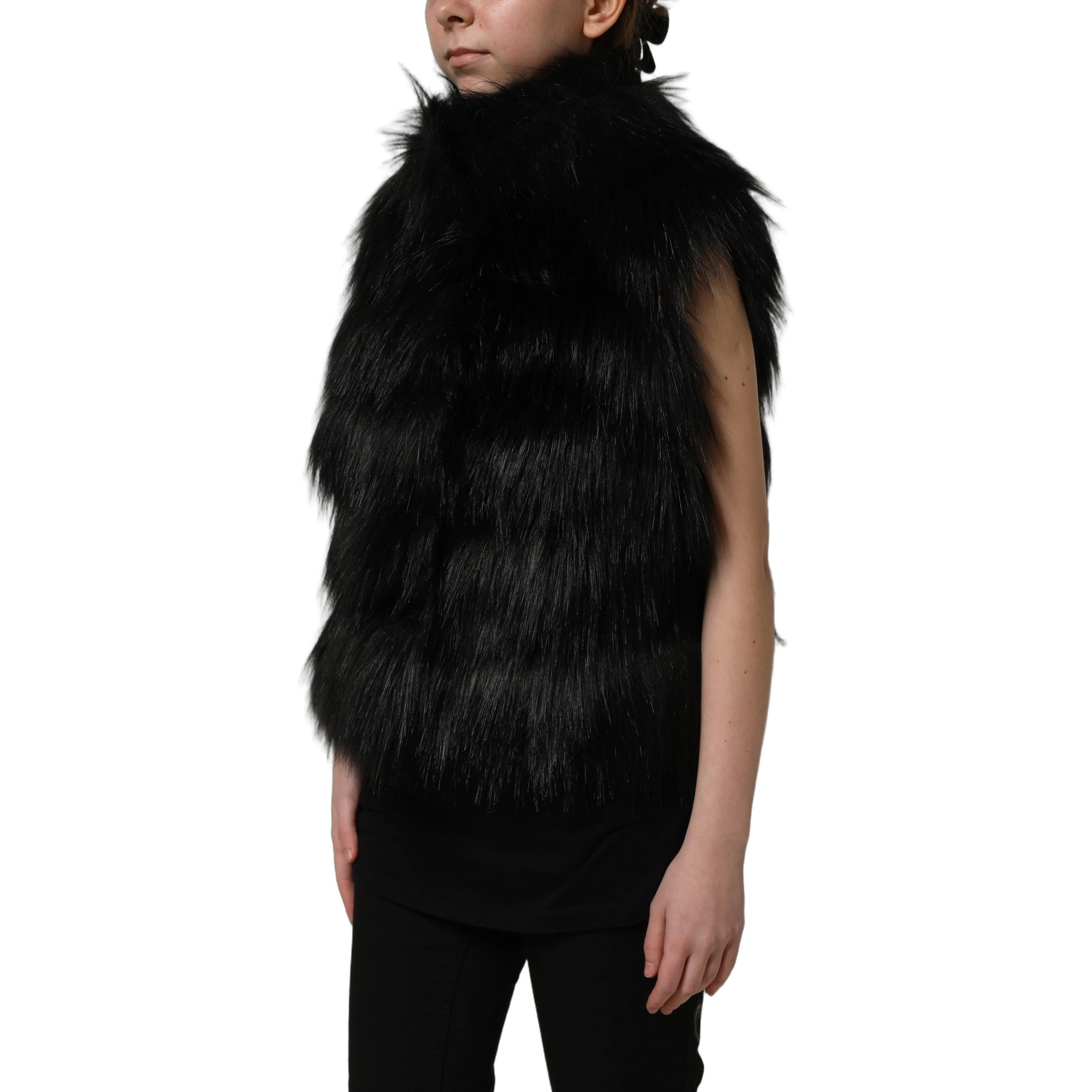 Black Acrylic Faux Fur Sleeveless Vest Jacket