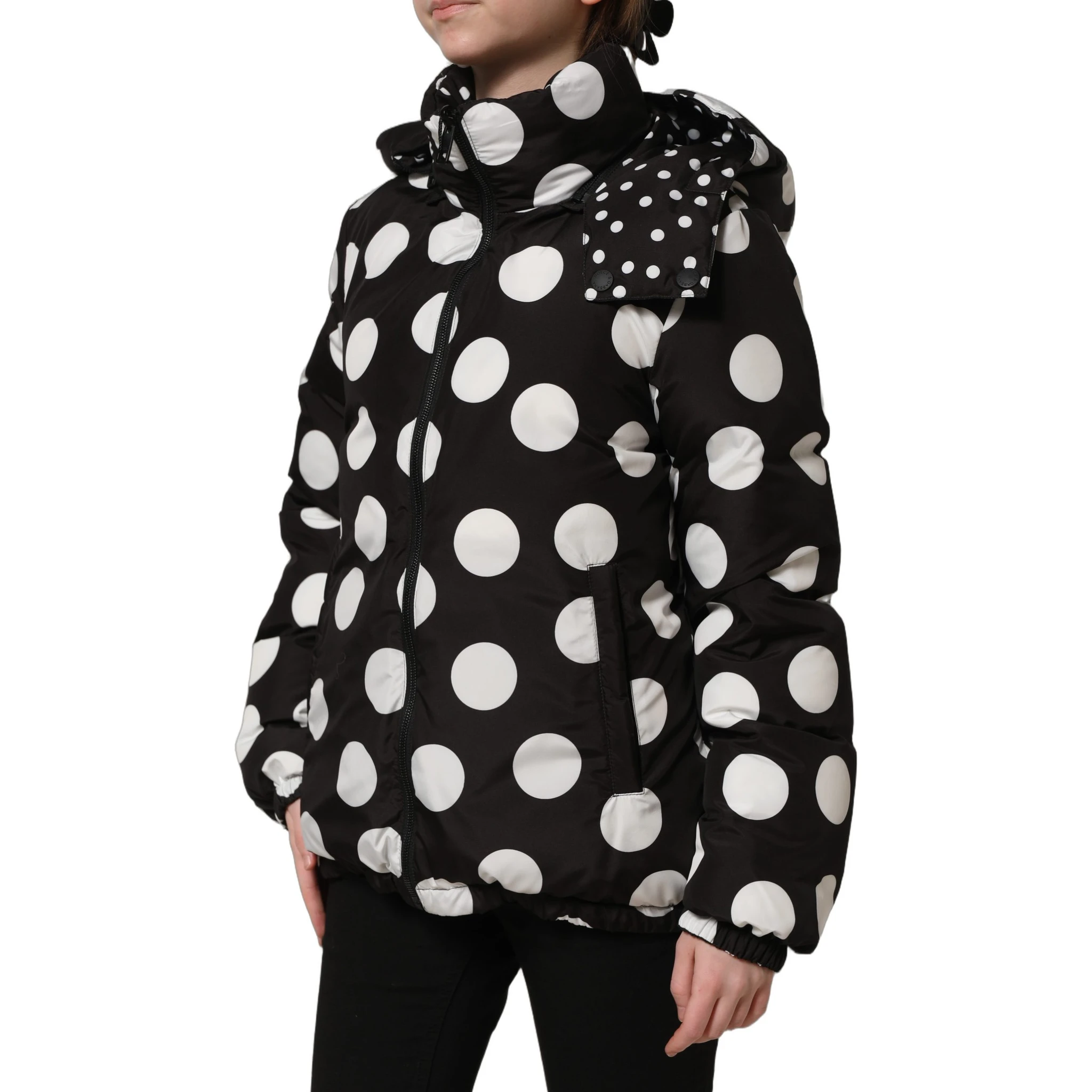 Black White Polka Dot Hooded Blouson Jacket