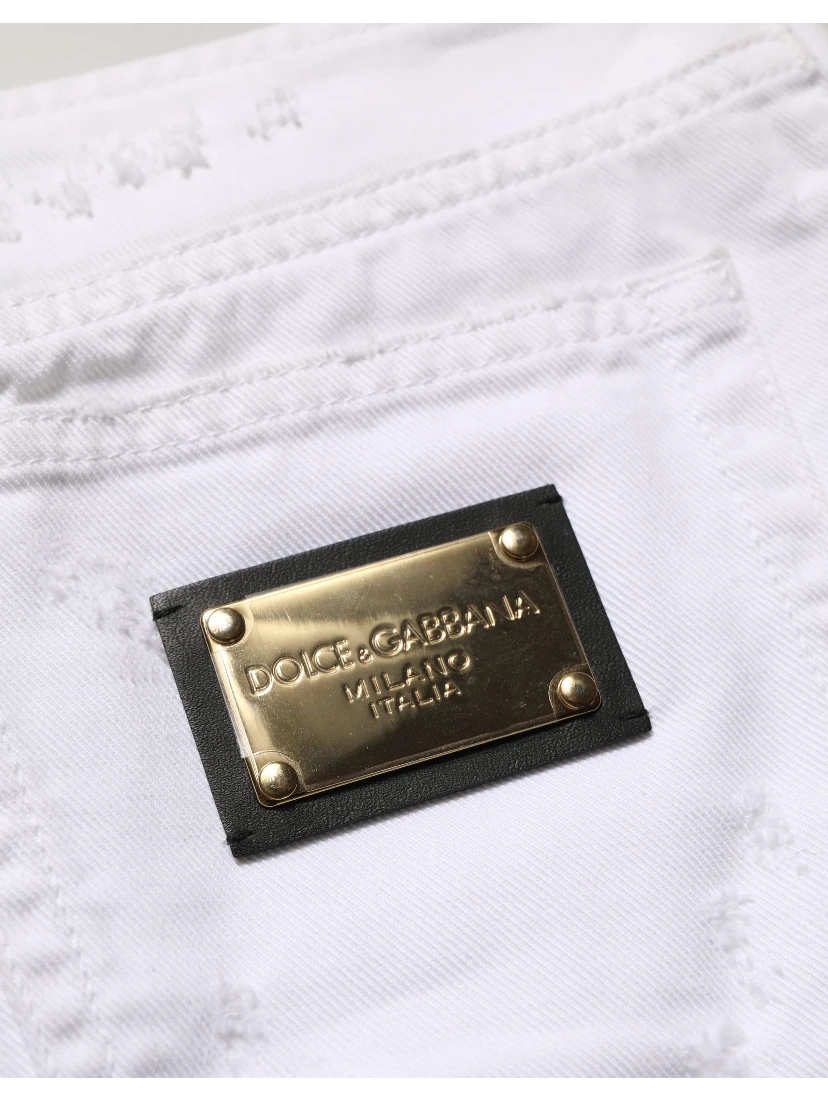 White Distressed Cotton Denim Mini Skirt