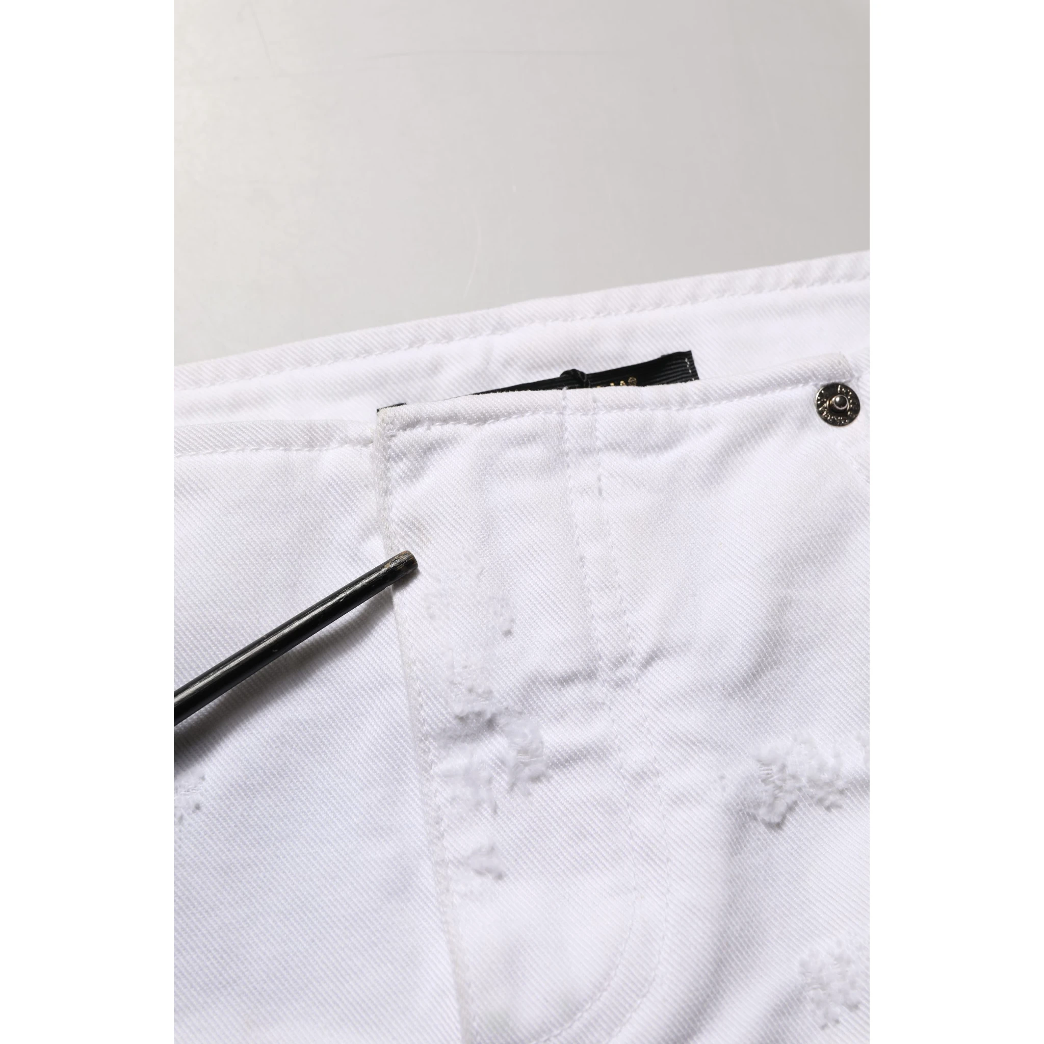 White Distressed Cotton Denim Mini Skirt