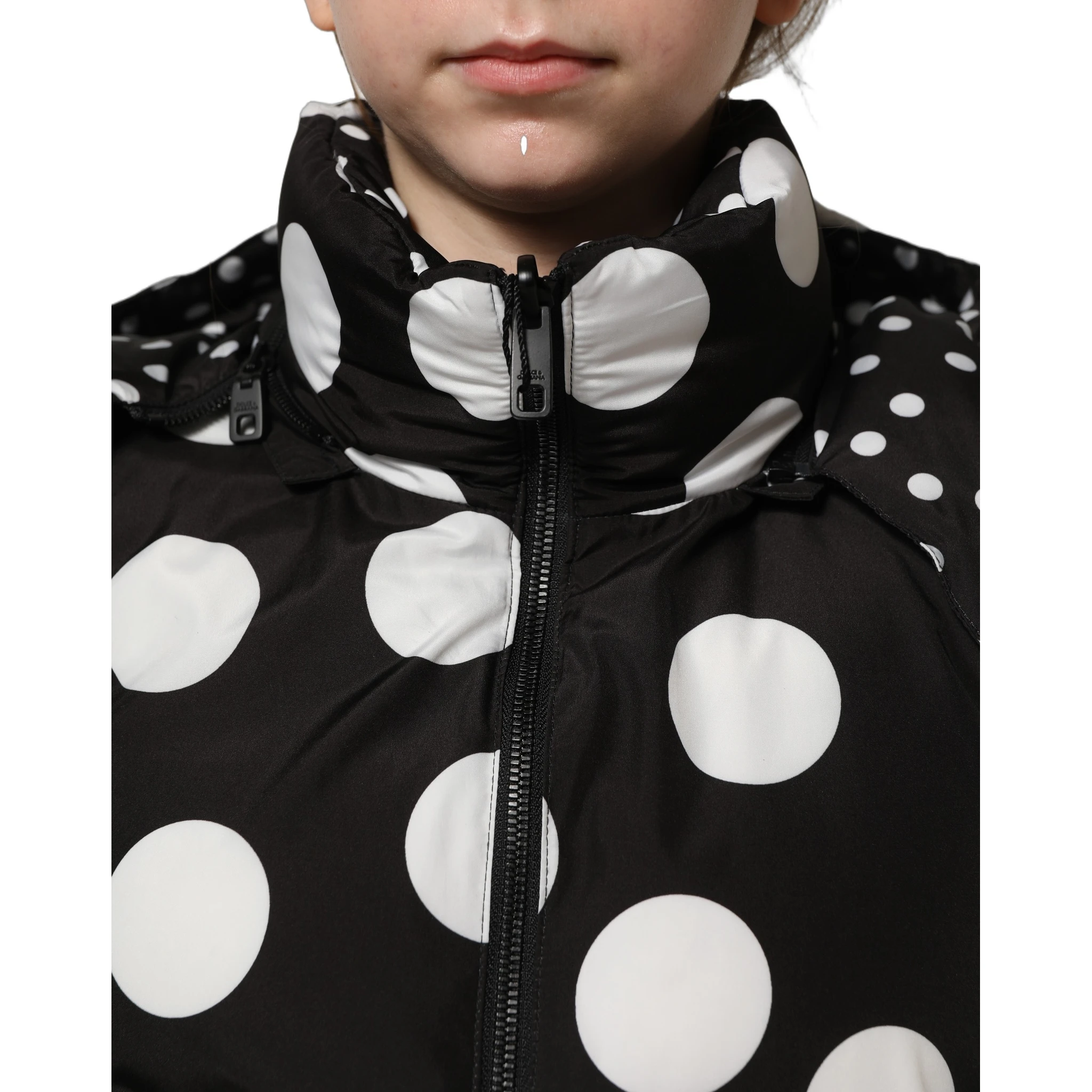 Black White Polka Dot Hooded Blouson Jacket