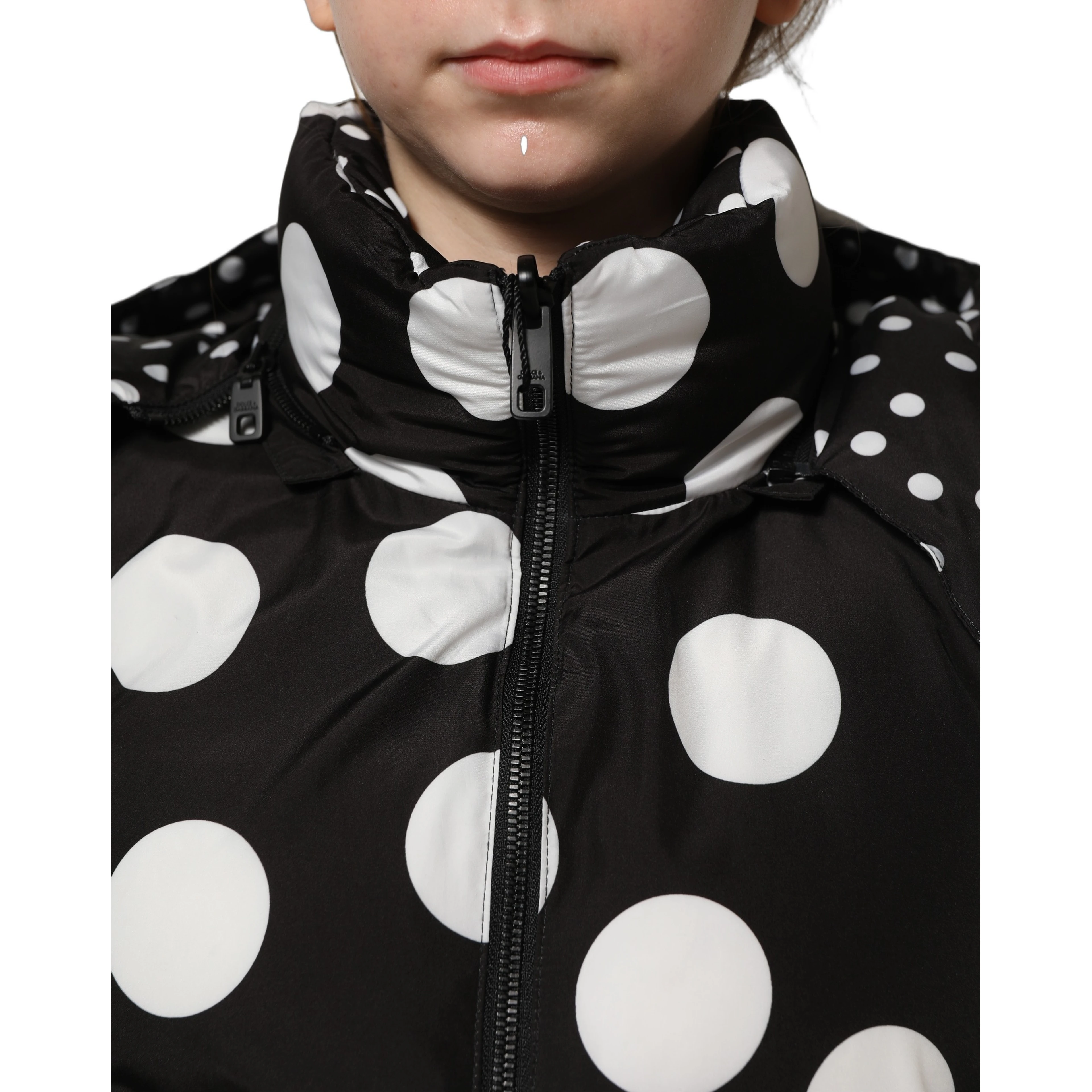 Black White Polka Dot Hooded Blouson Jacket