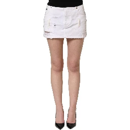 White Distressed Cotton Denim Mini Skirt