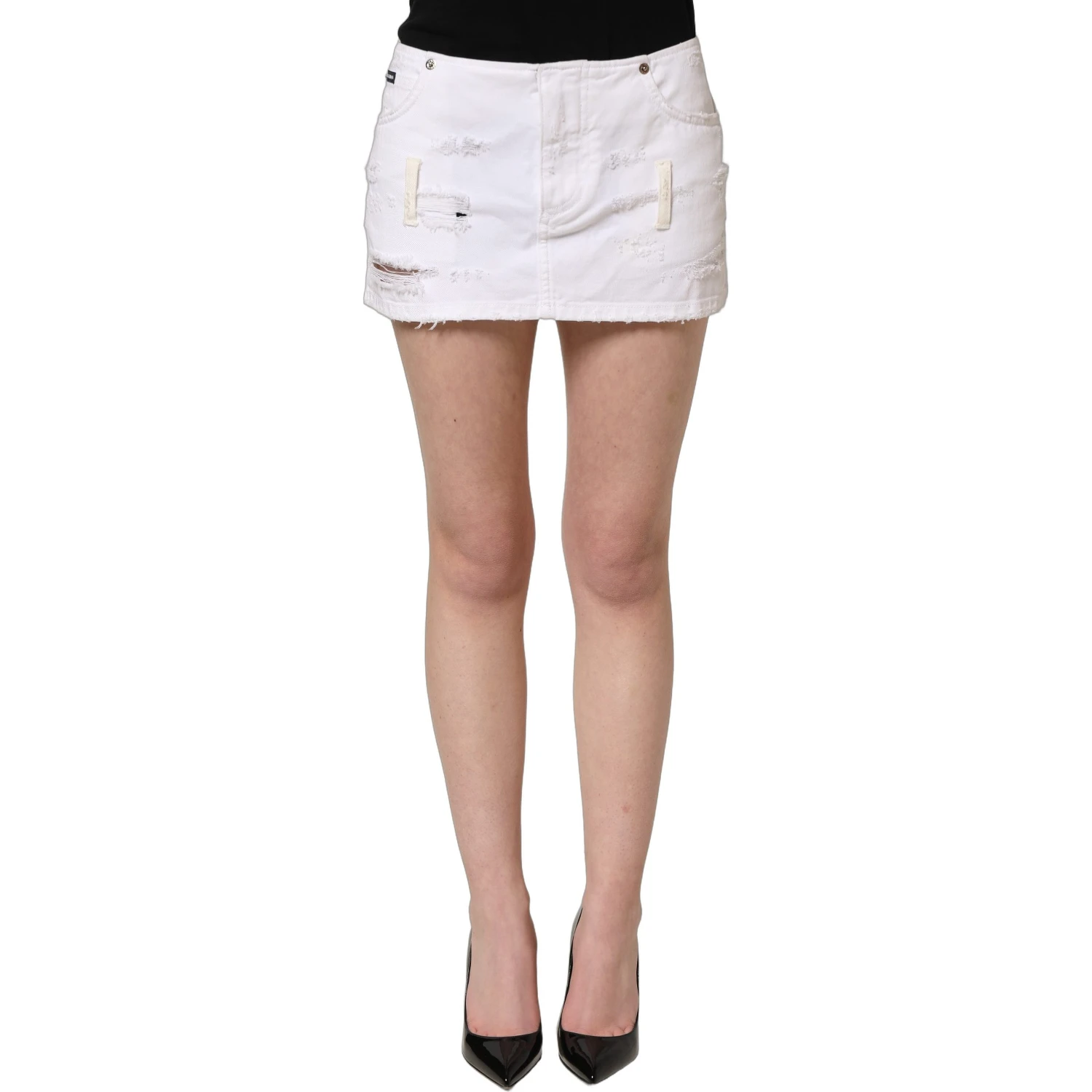 White Distressed Cotton Denim Mini Skirt