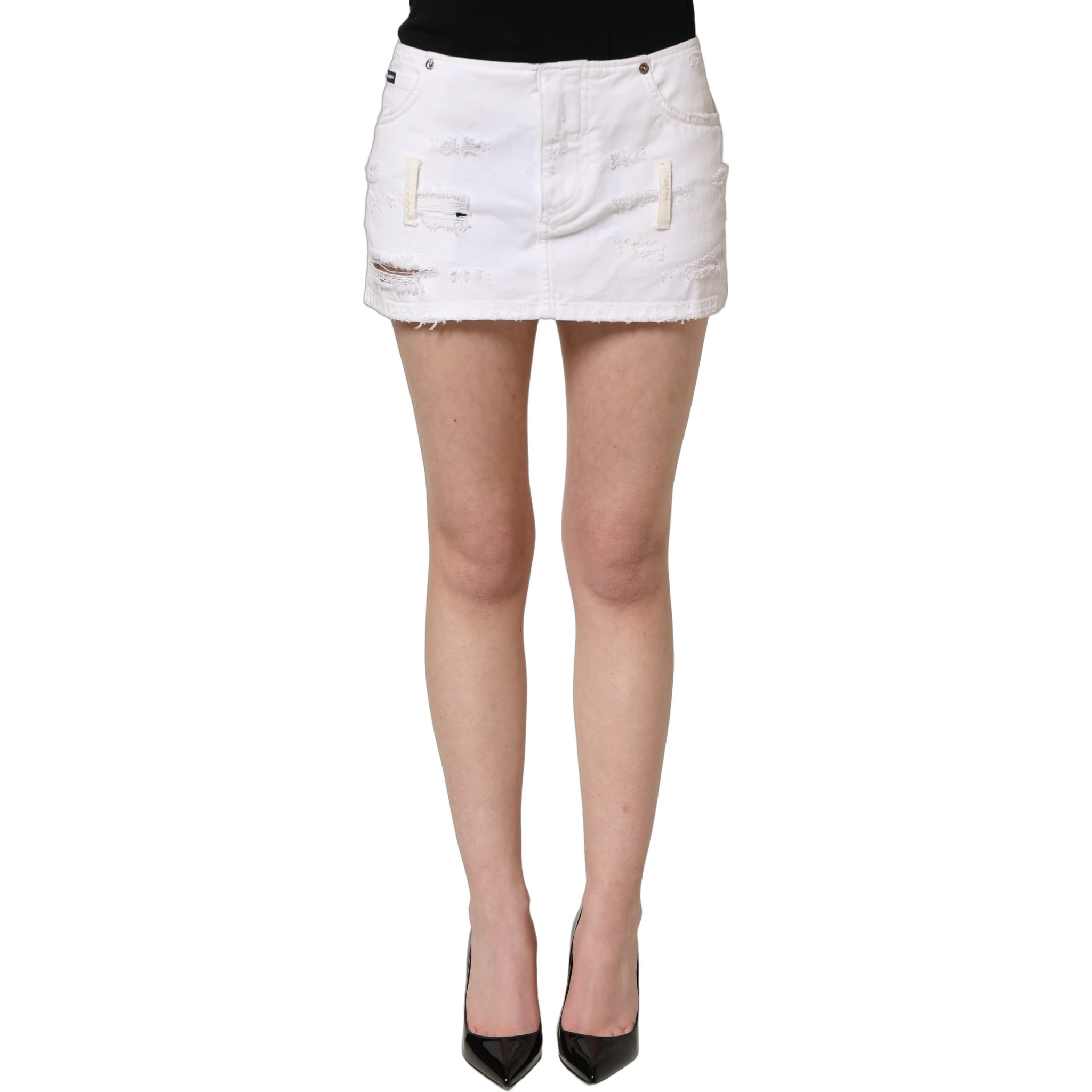 White Distressed Cotton Denim Mini Skirt