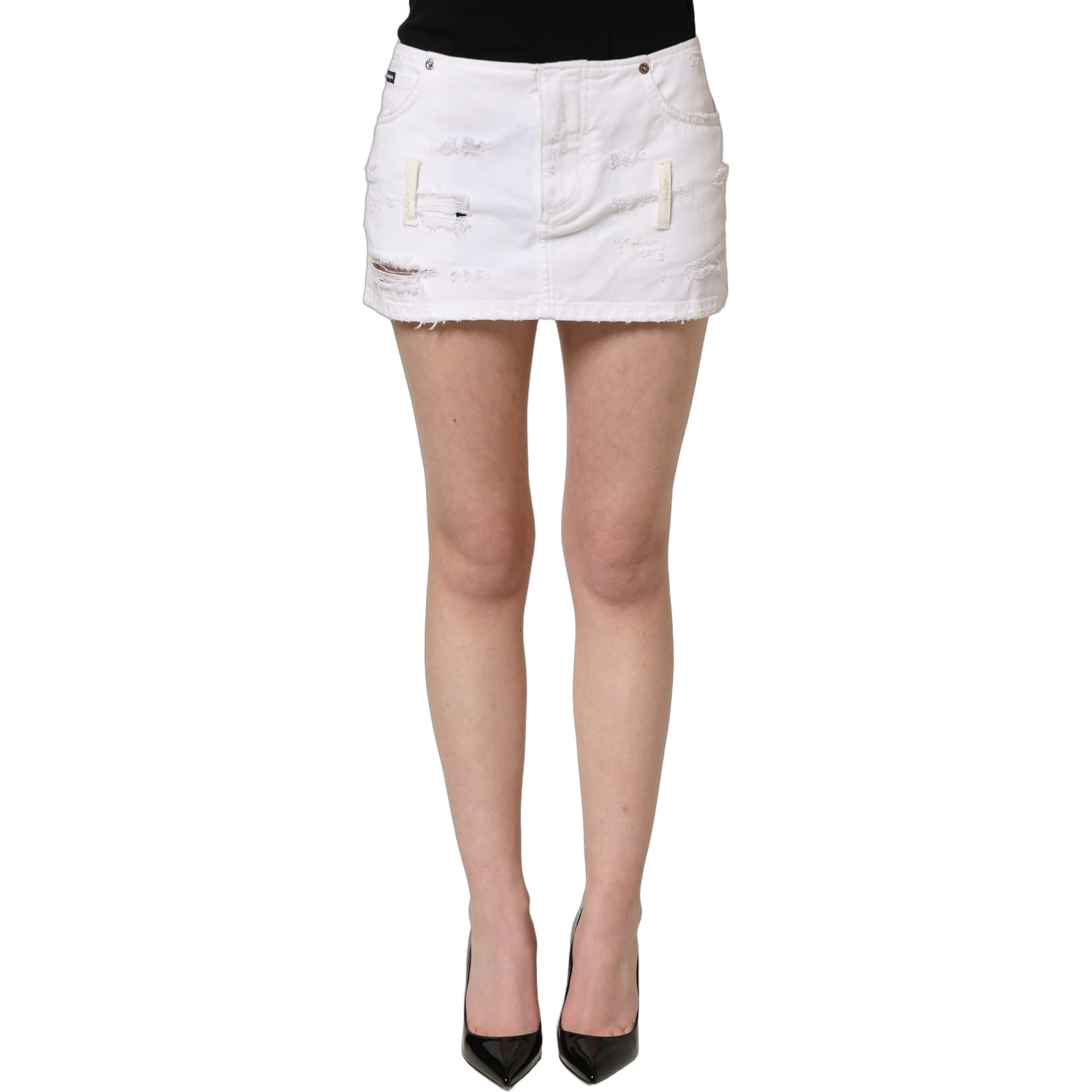 White Distressed Cotton Denim Mini Skirt