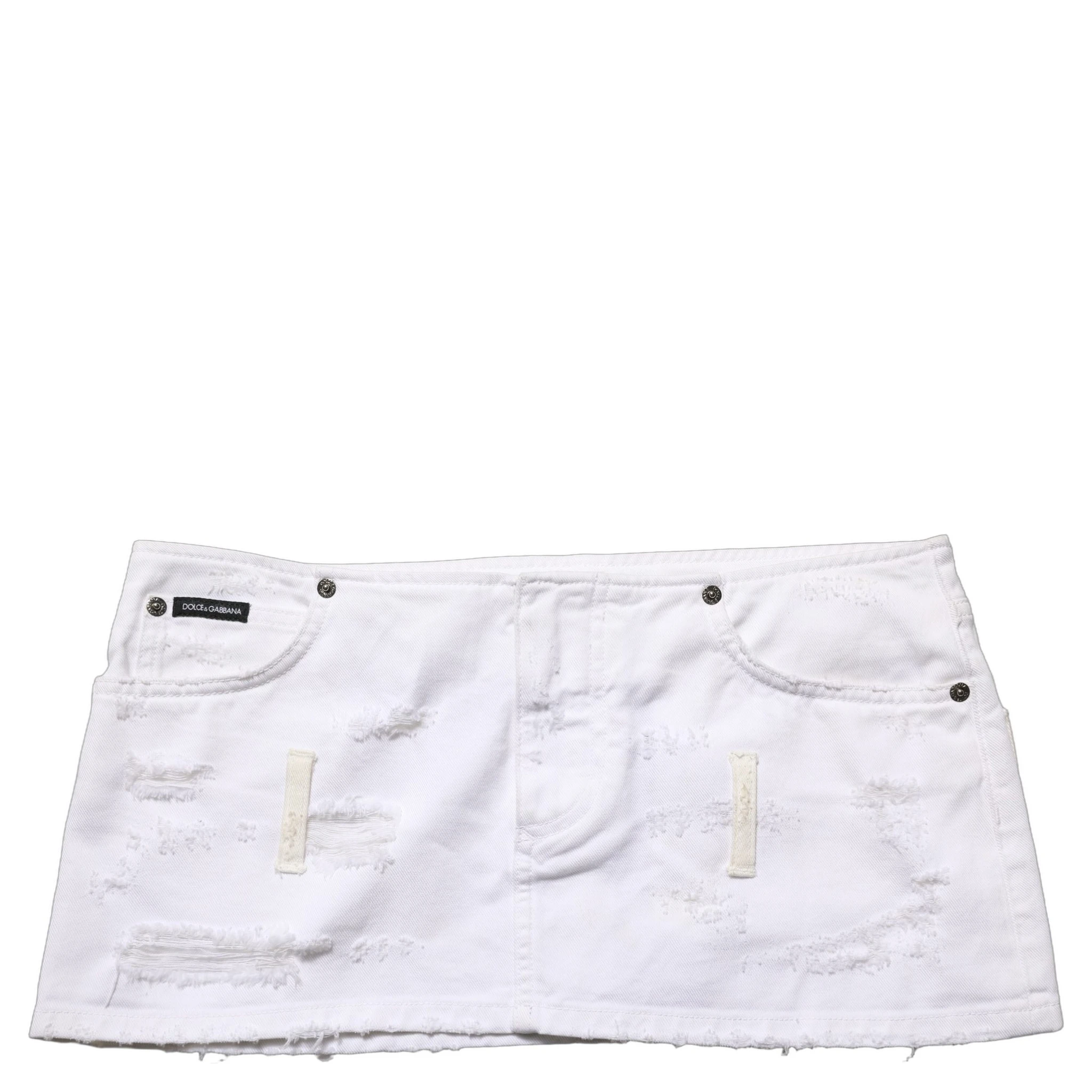 White Distressed Cotton Denim Mini Skirt