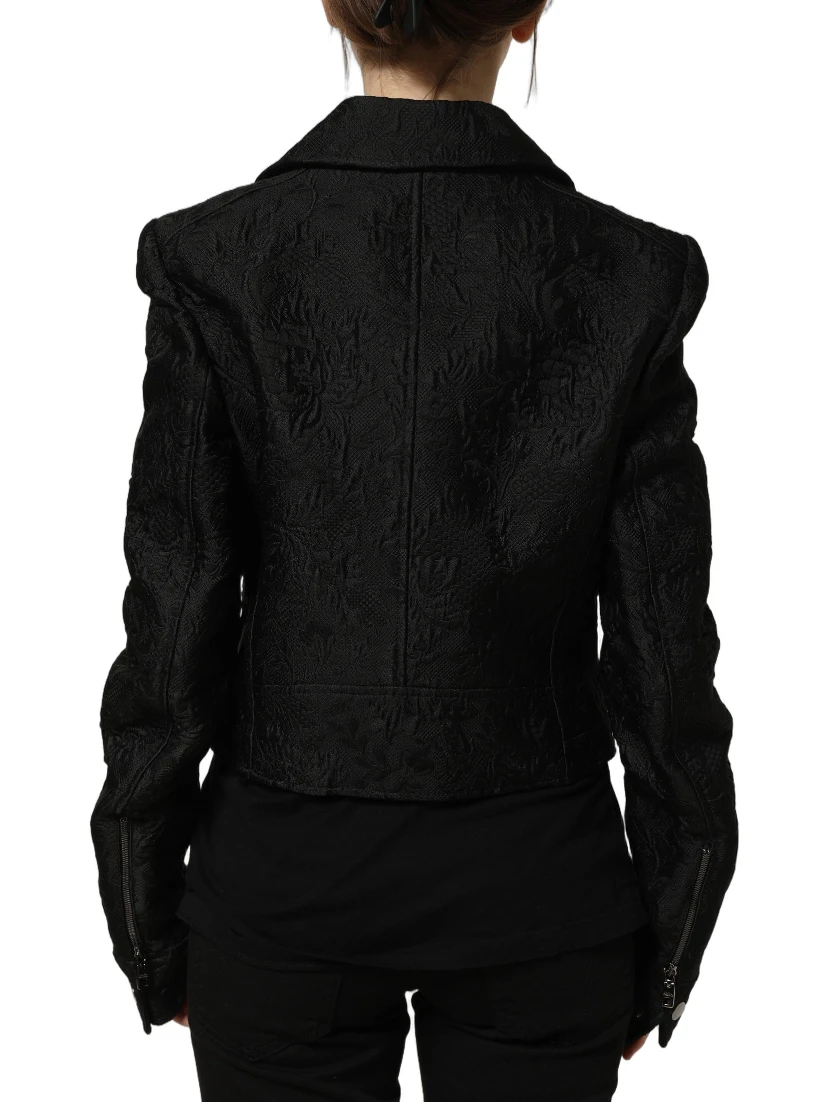 Black Floral Brocade Biker Blouson Jacket