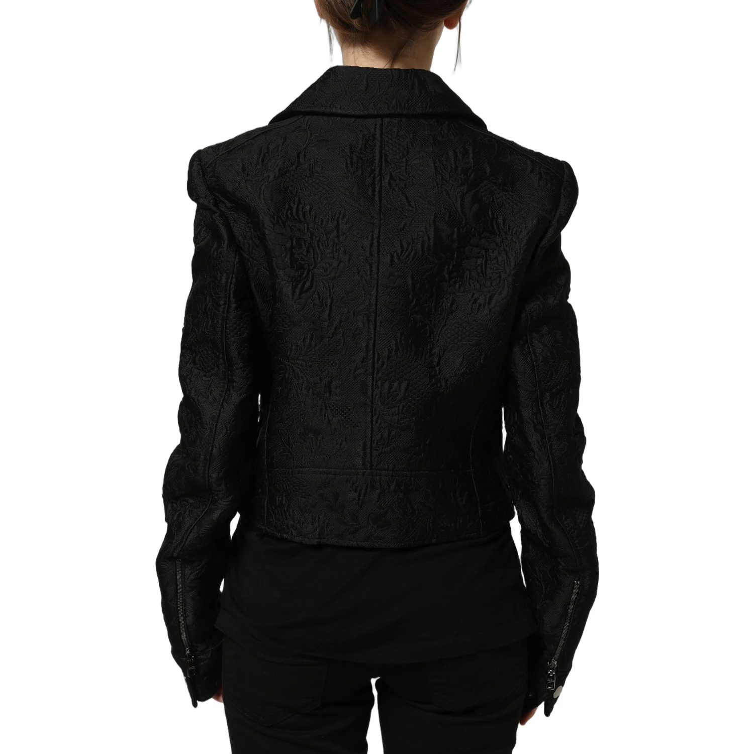 Black Floral Brocade Biker Blouson Jacket