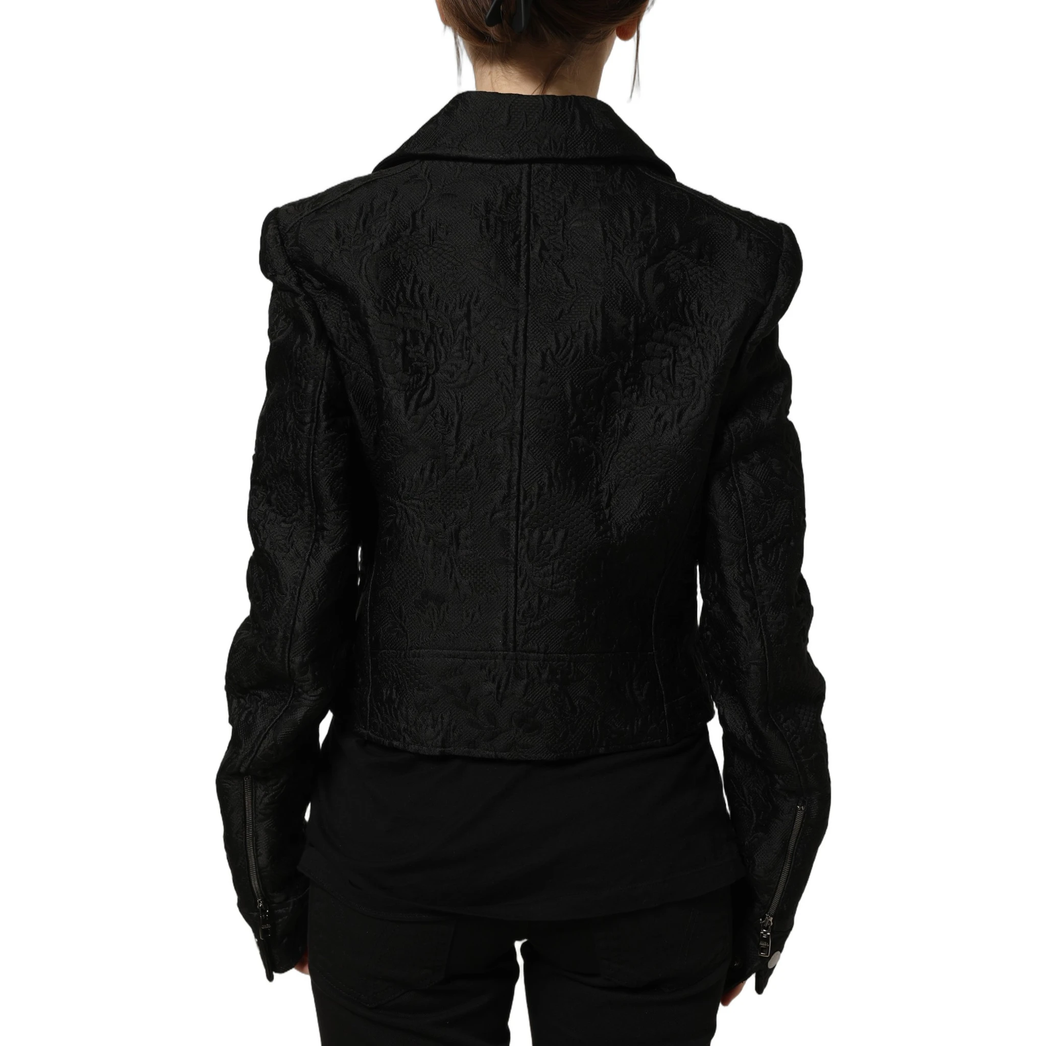 Black Floral Brocade Biker Blouson Jacket