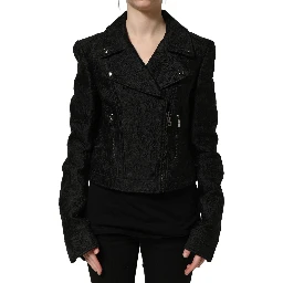 Black Floral Brocade Biker Blouson Jacket