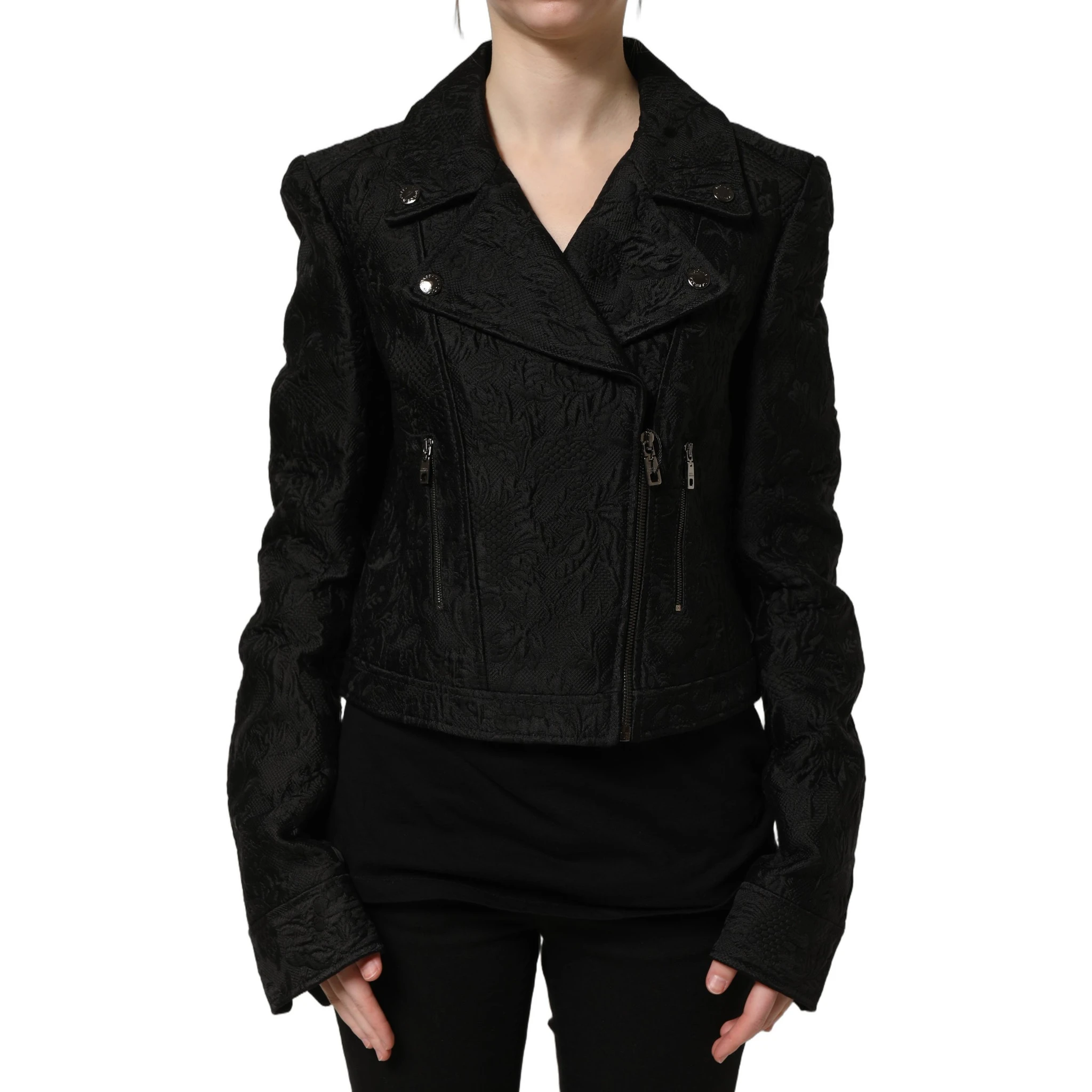 Black Floral Brocade Biker Blouson Jacket