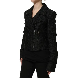 Black Floral Brocade Biker Blouson Jacket